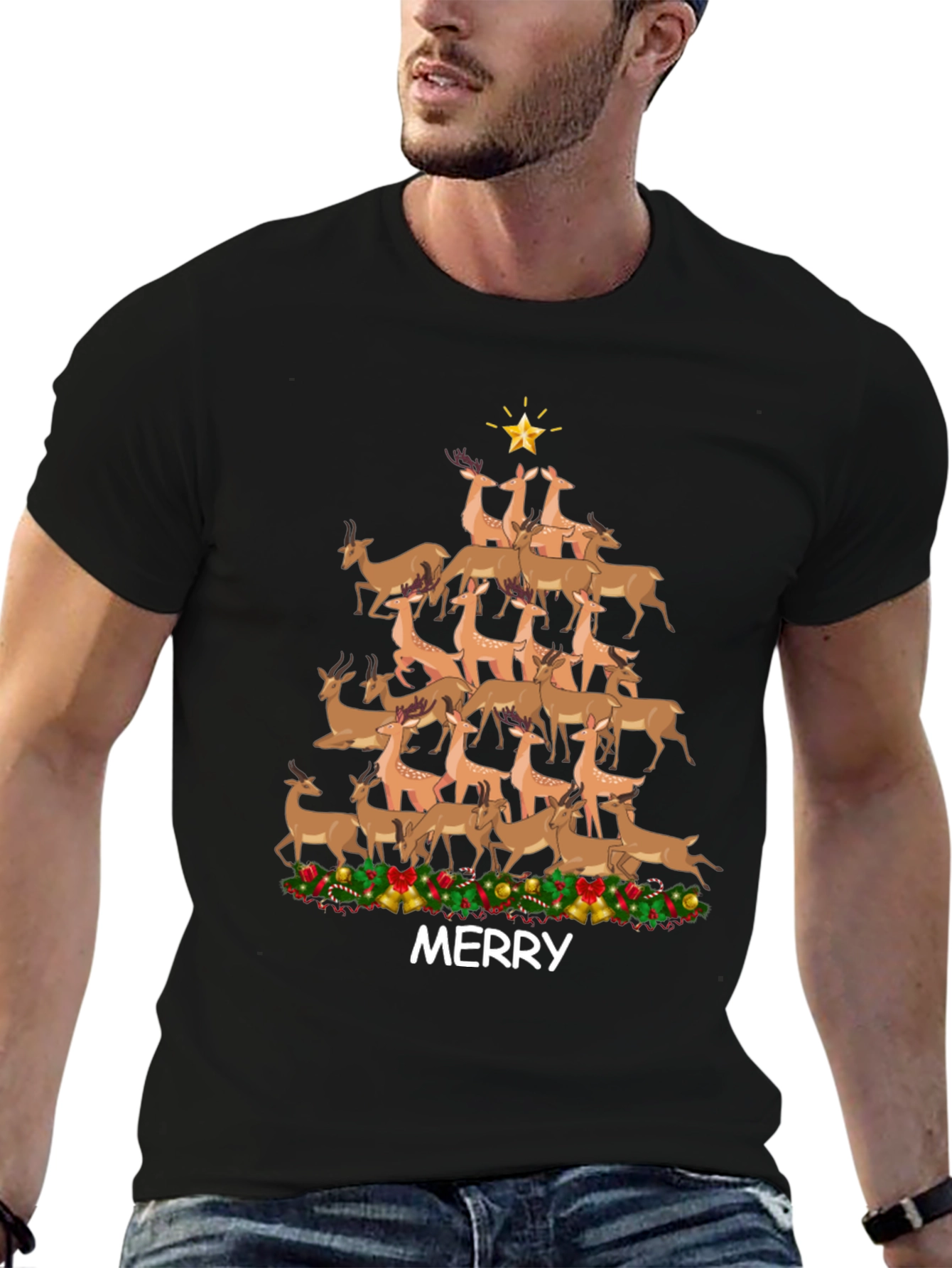 Merry Deer Christmas Tree T-Shirt
