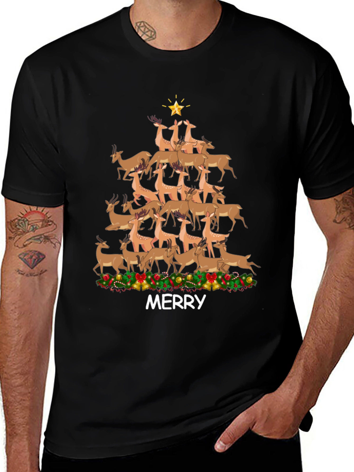 Merry Deer Christmas Tree T-Shirt