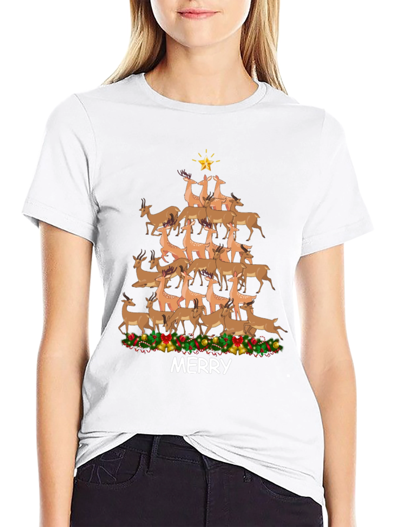 Merry Deer Christmas Tree T-Shirt