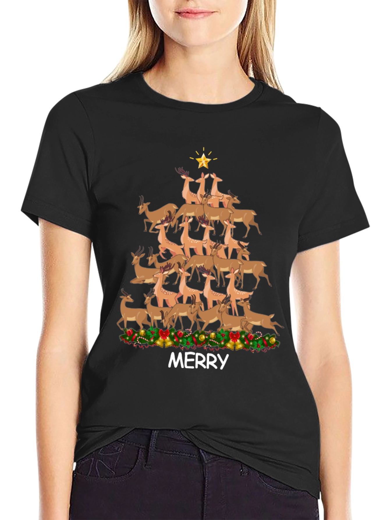 Merry Deer Christmas Tree T-Shirt