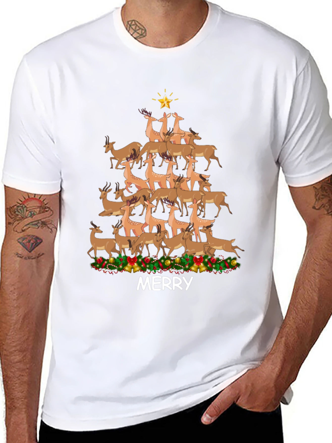 Merry Deer Christmas Tree T-Shirt