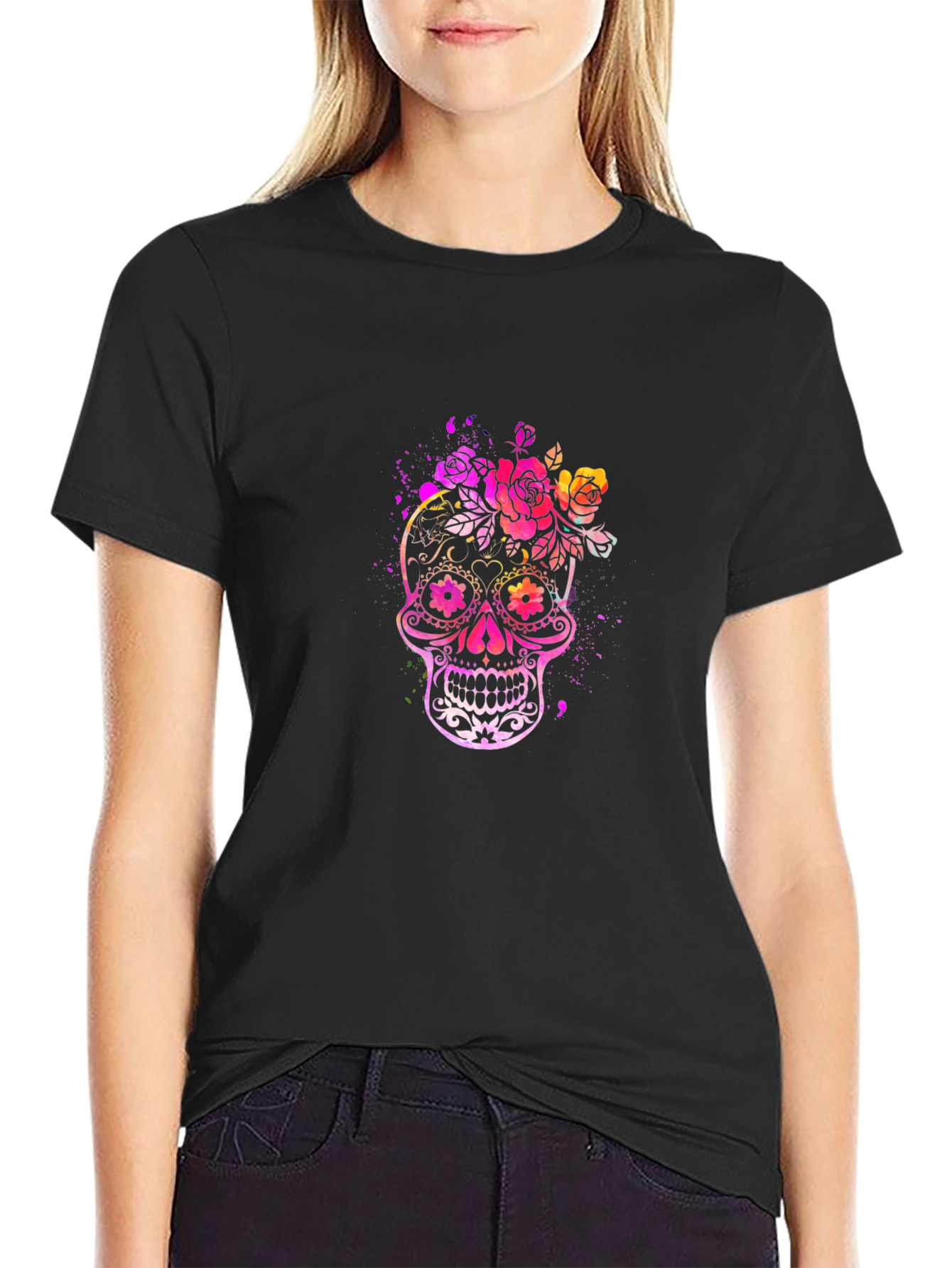 Floral Skull Graphic Tee - Mens Black T-Shirt