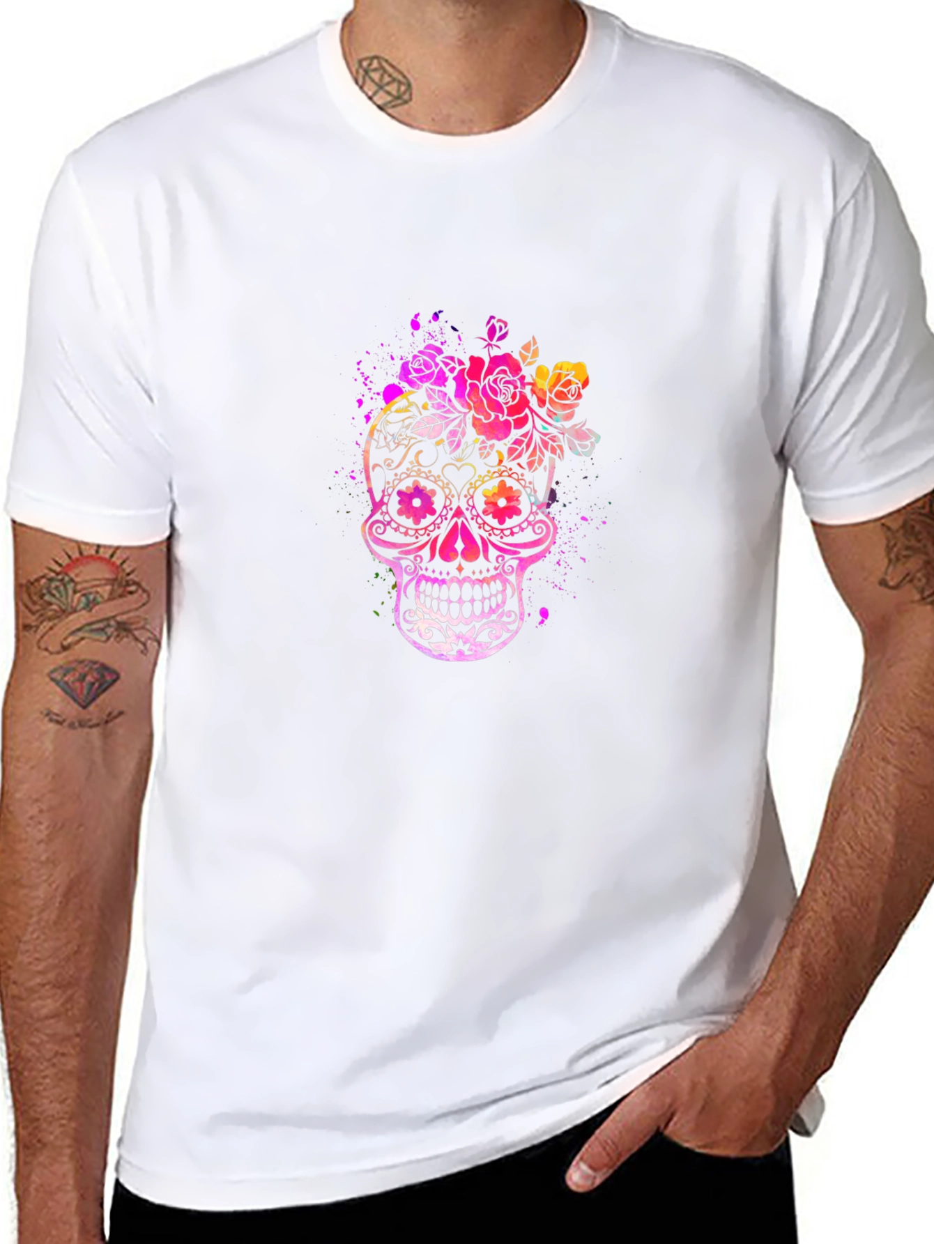 Floral Skull Graphic Tee - Mens Black T-Shirt