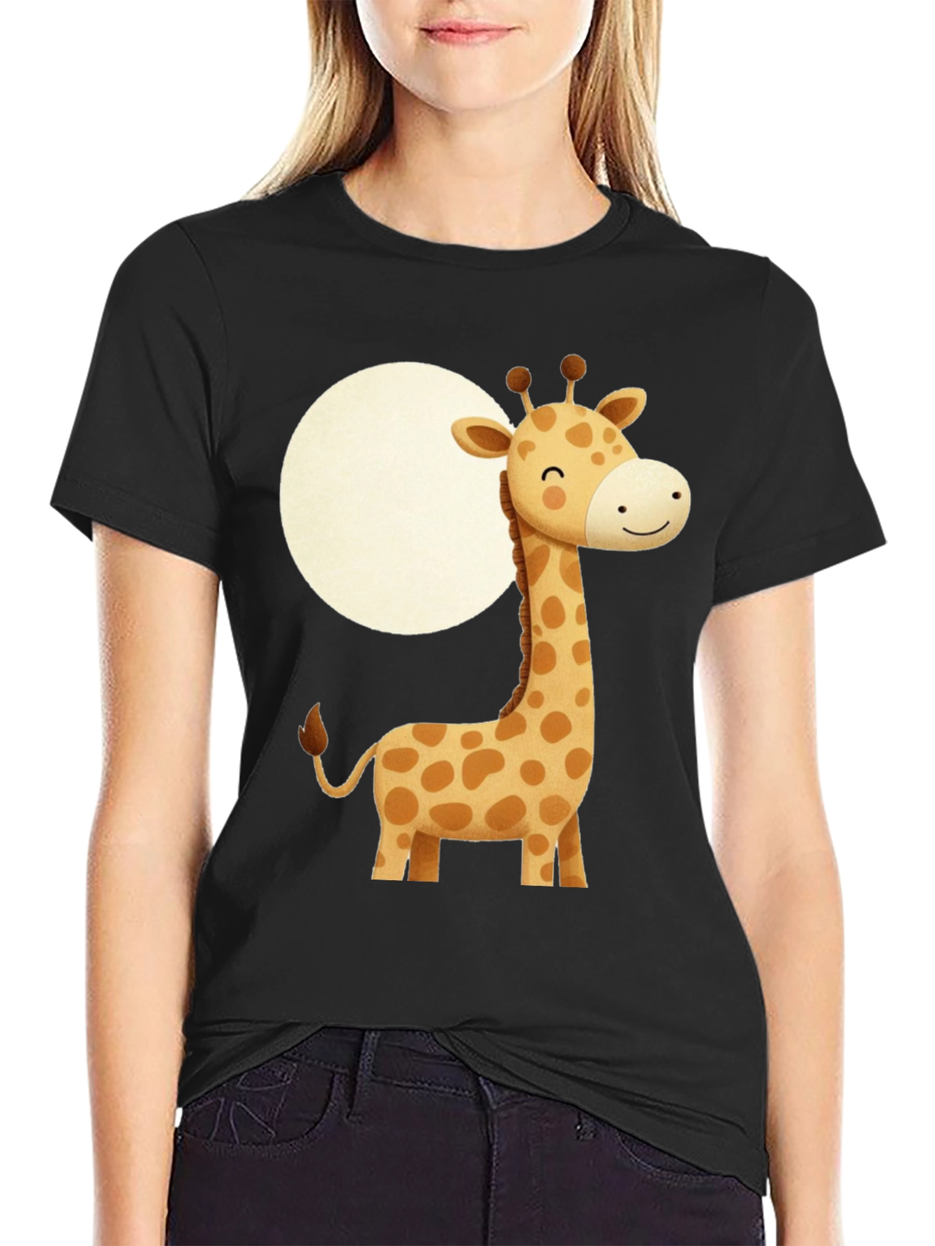 Cute Giraffe Graphic Print Black T-Shirt