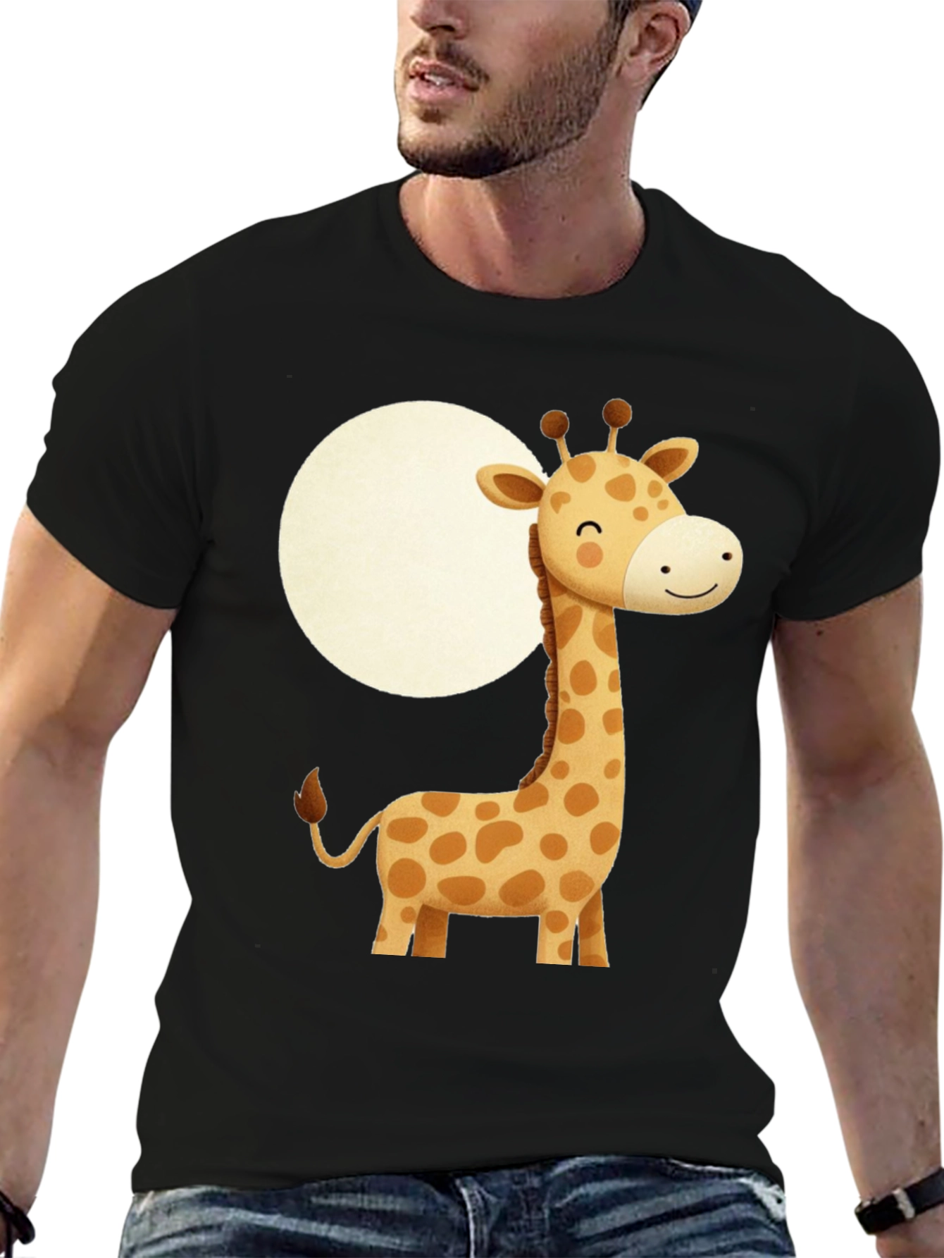 Cute Giraffe Graphic Print Black T-Shirt