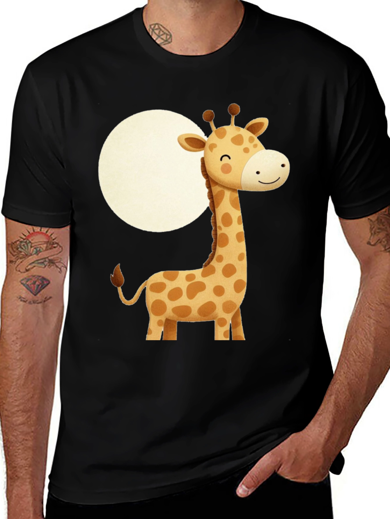 Cute Giraffe Graphic Print Black T-Shirt