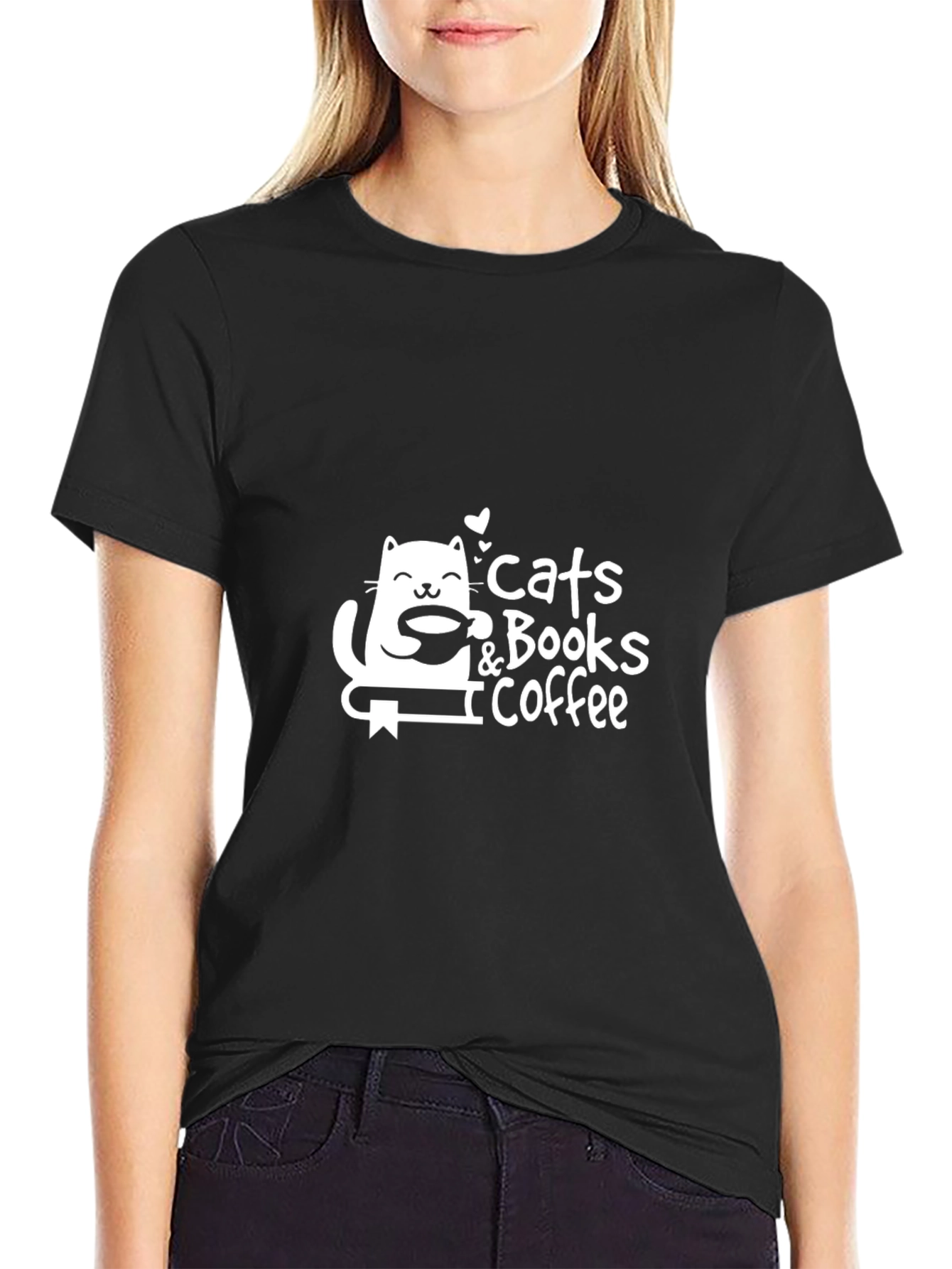 Cats Books & Coffee T-Shirt - Black Graphic Tee
