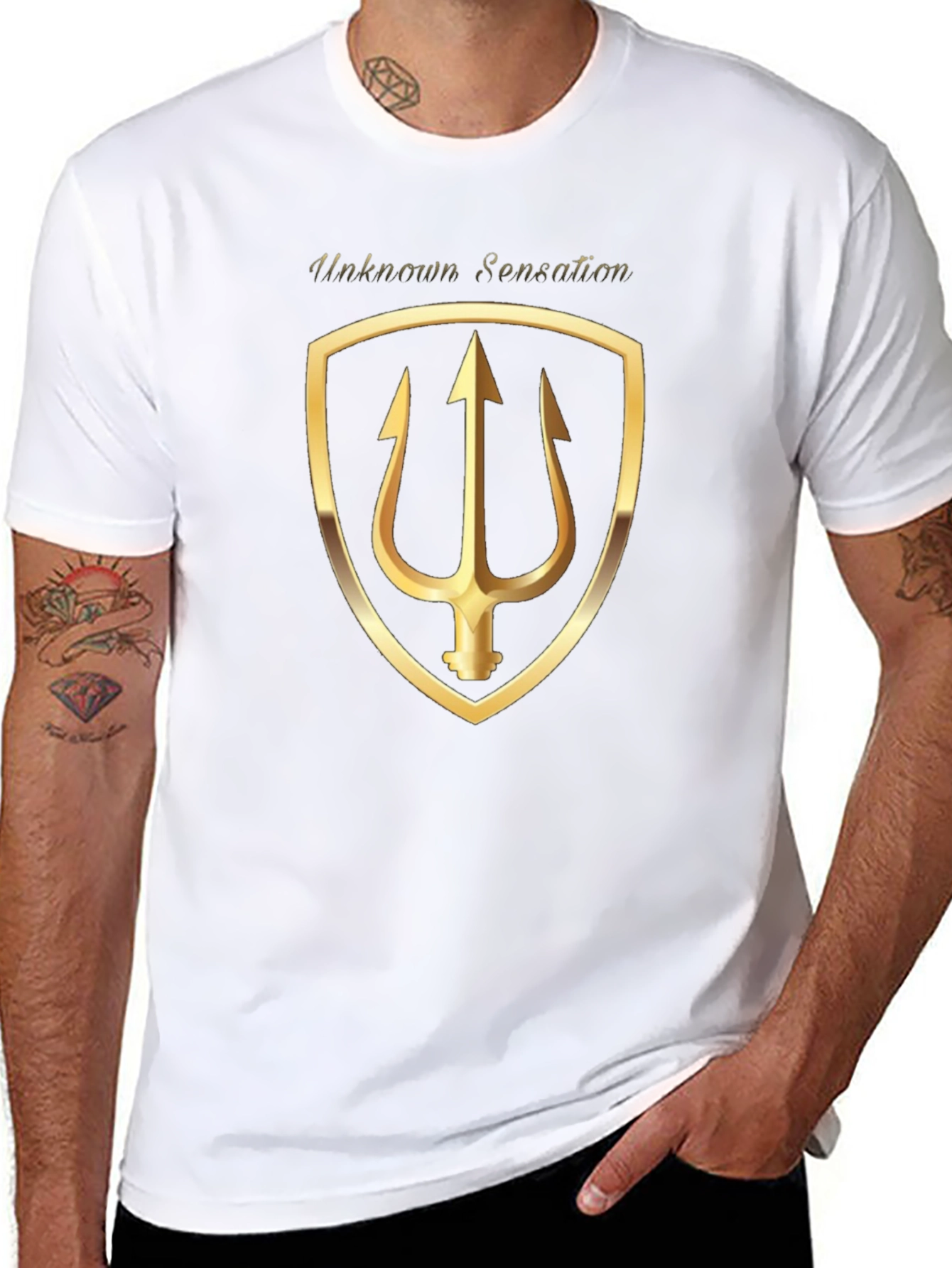 Unknown Sensation Black T-Shirt Gold Trident Shield