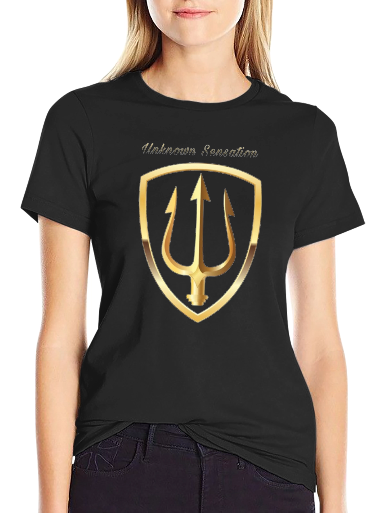 Unknown Sensation Black T-Shirt Gold Trident Shield