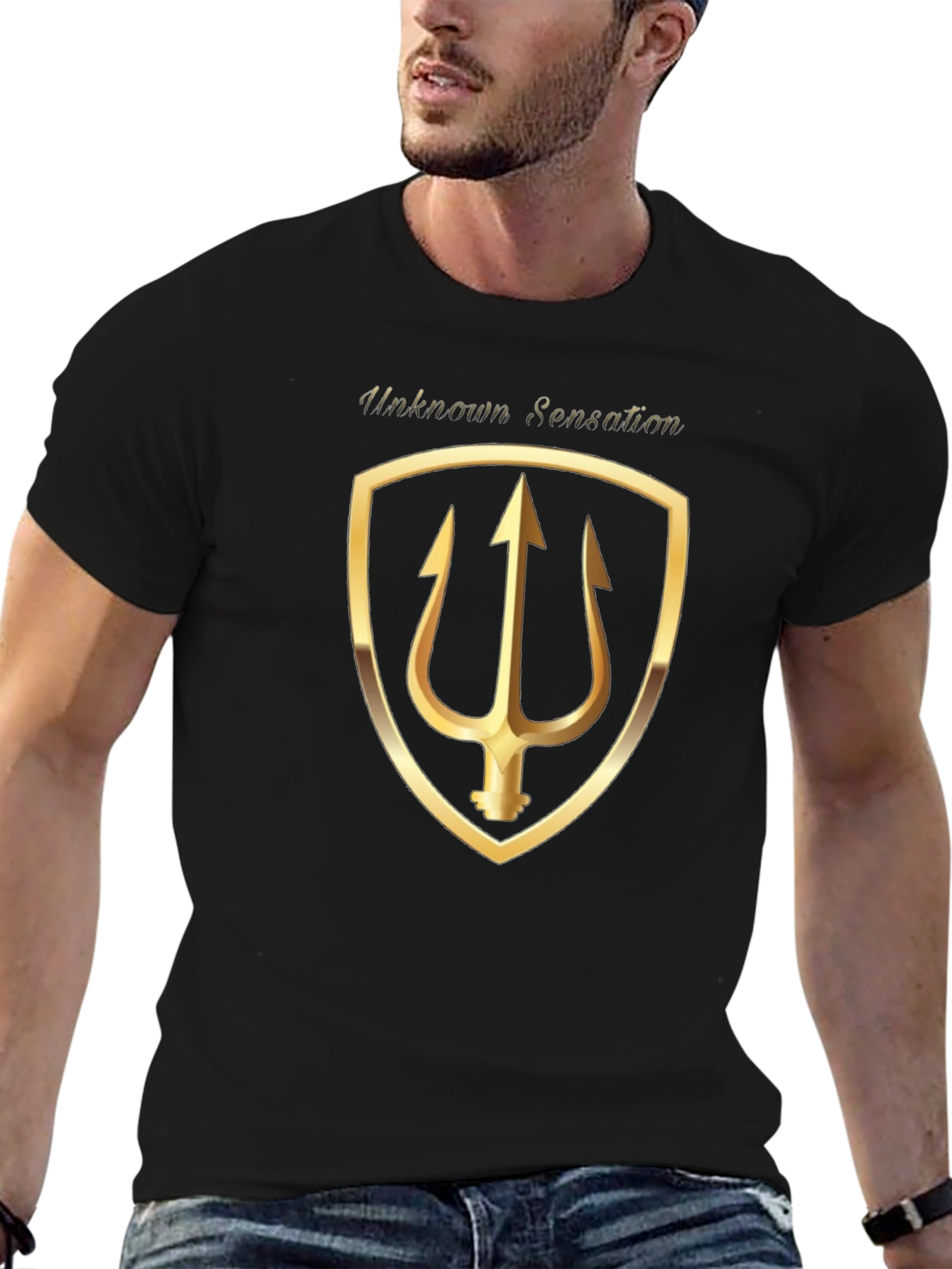 Unknown Sensation Black T-Shirt Gold Trident Shield