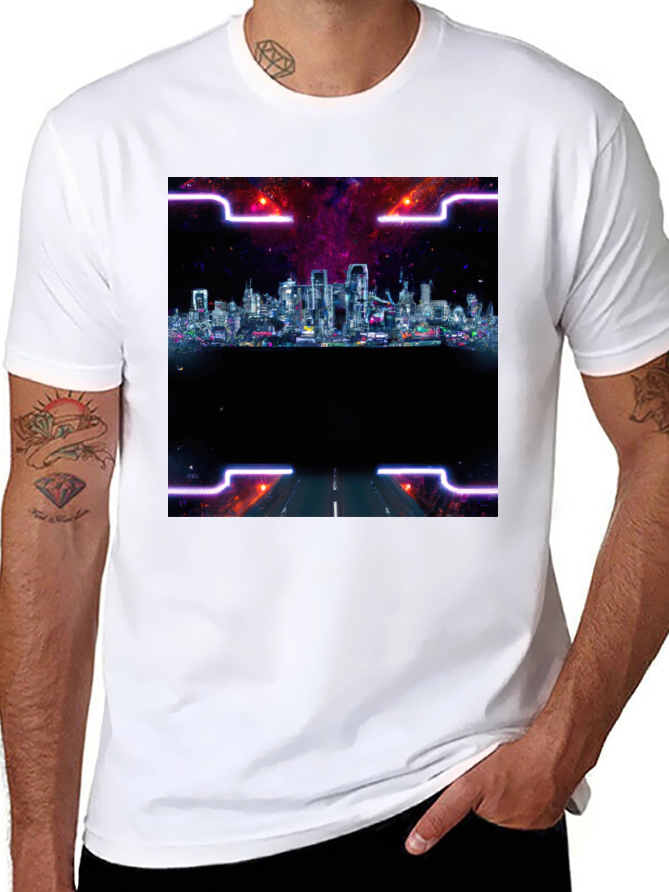 Cyberpunk Cityscape T-Shirt - Black Crew Neck Tee