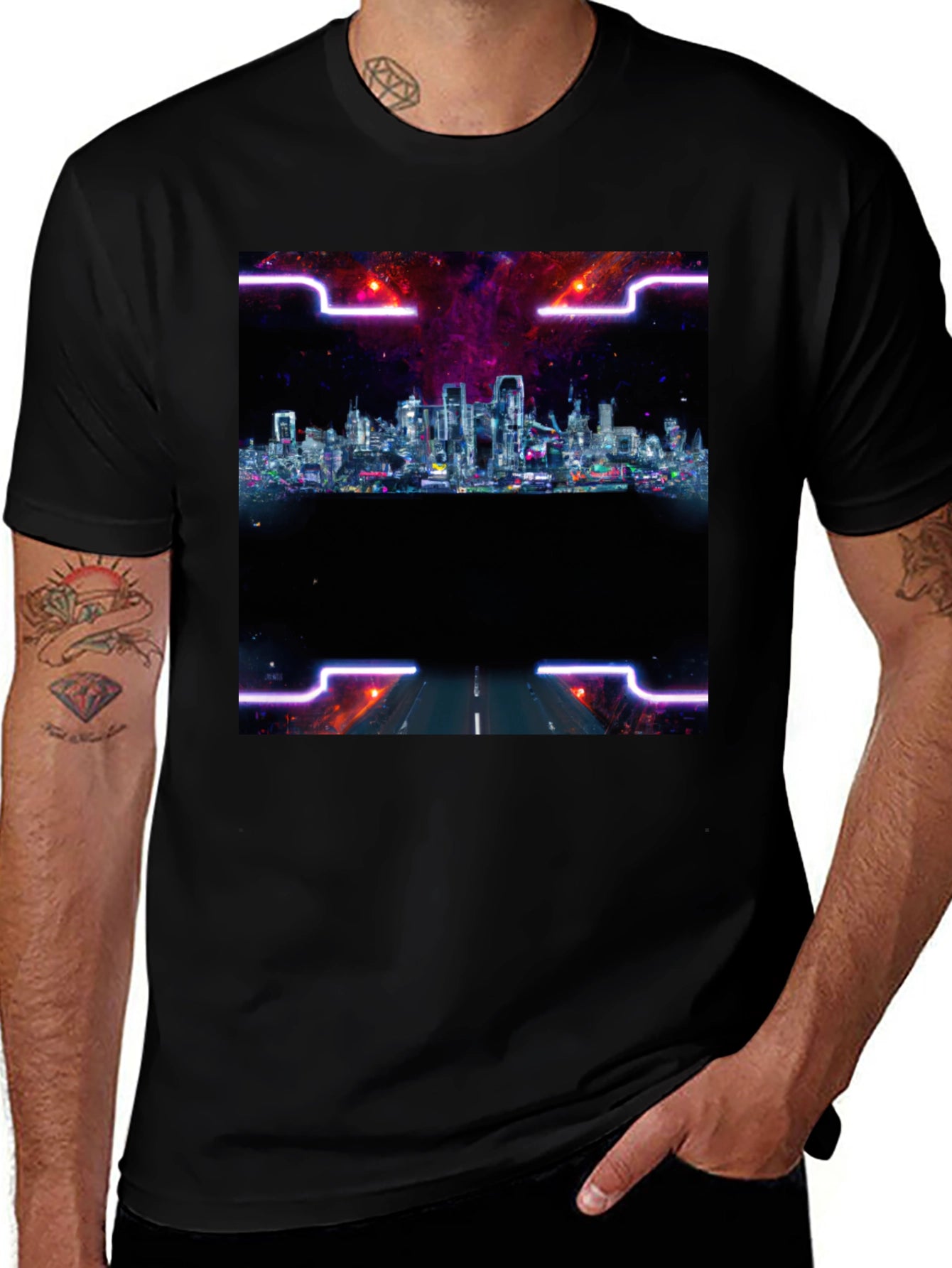 Cyberpunk Cityscape T-Shirt - Black Crew Neck Tee