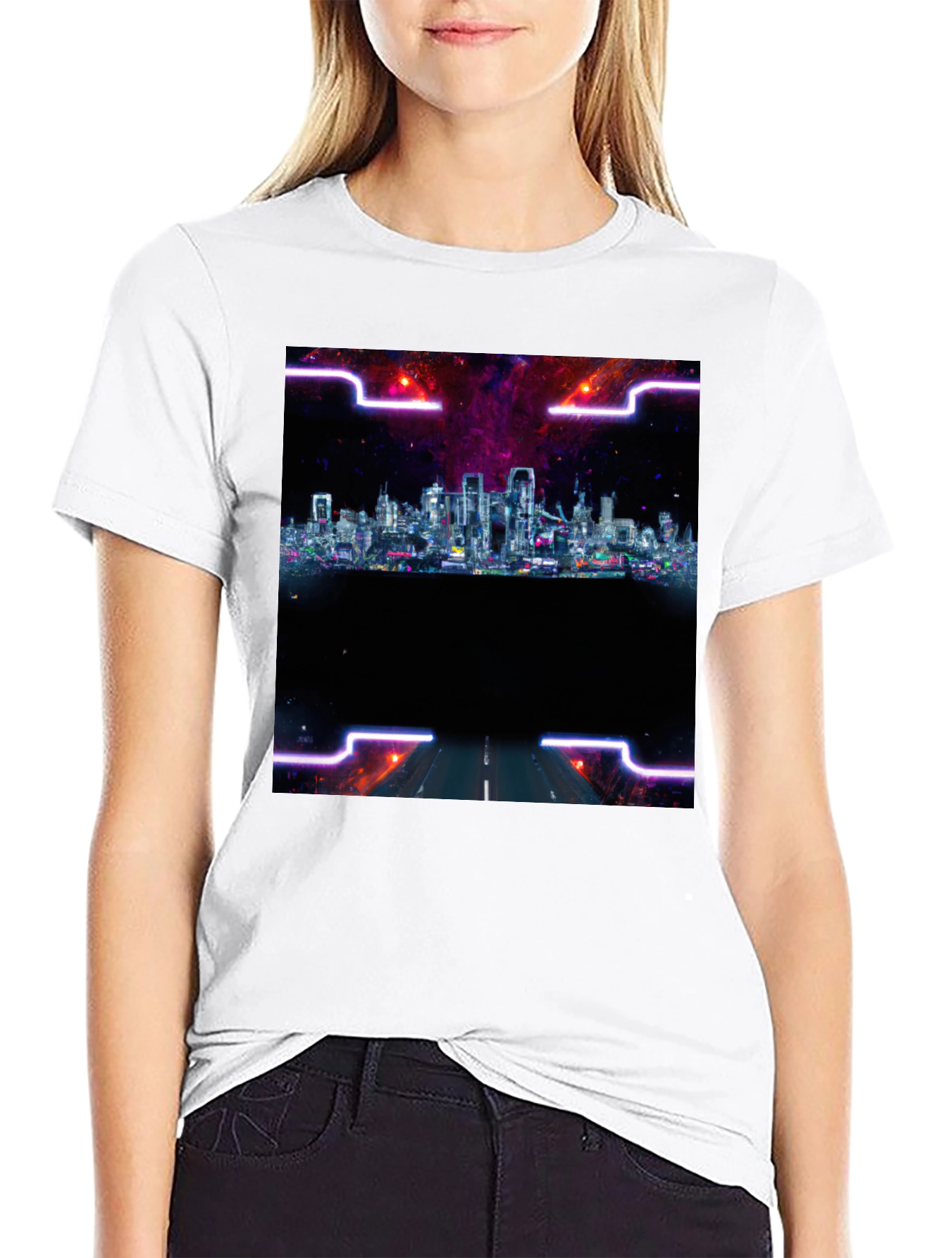 Cyberpunk Cityscape T-Shirt - Black Crew Neck Tee