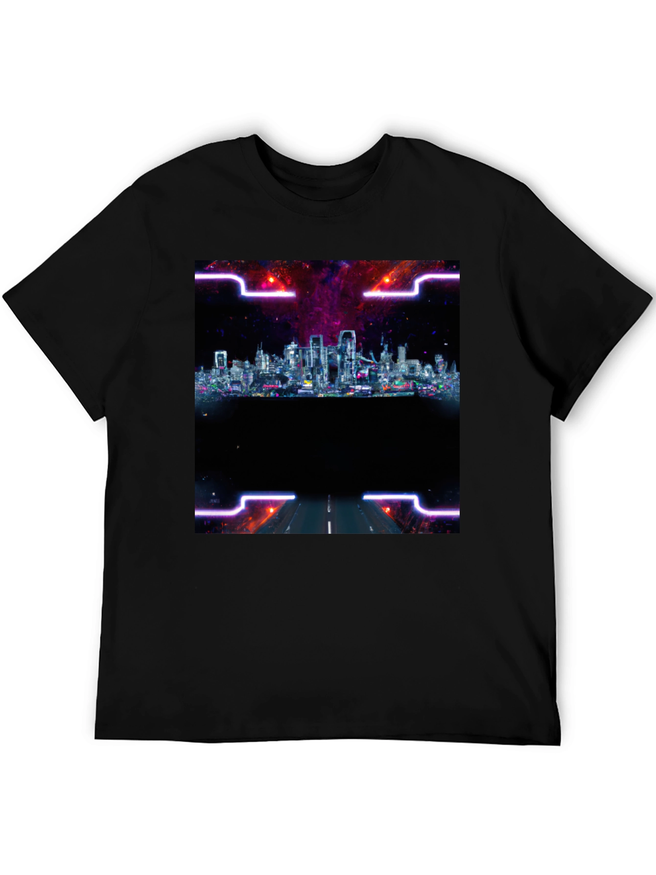 Cyberpunk Cityscape T-Shirt - Black Crew Neck Tee