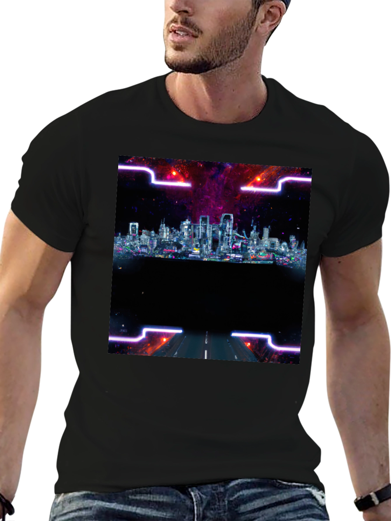 Cyberpunk Cityscape T-Shirt - Black Crew Neck Tee