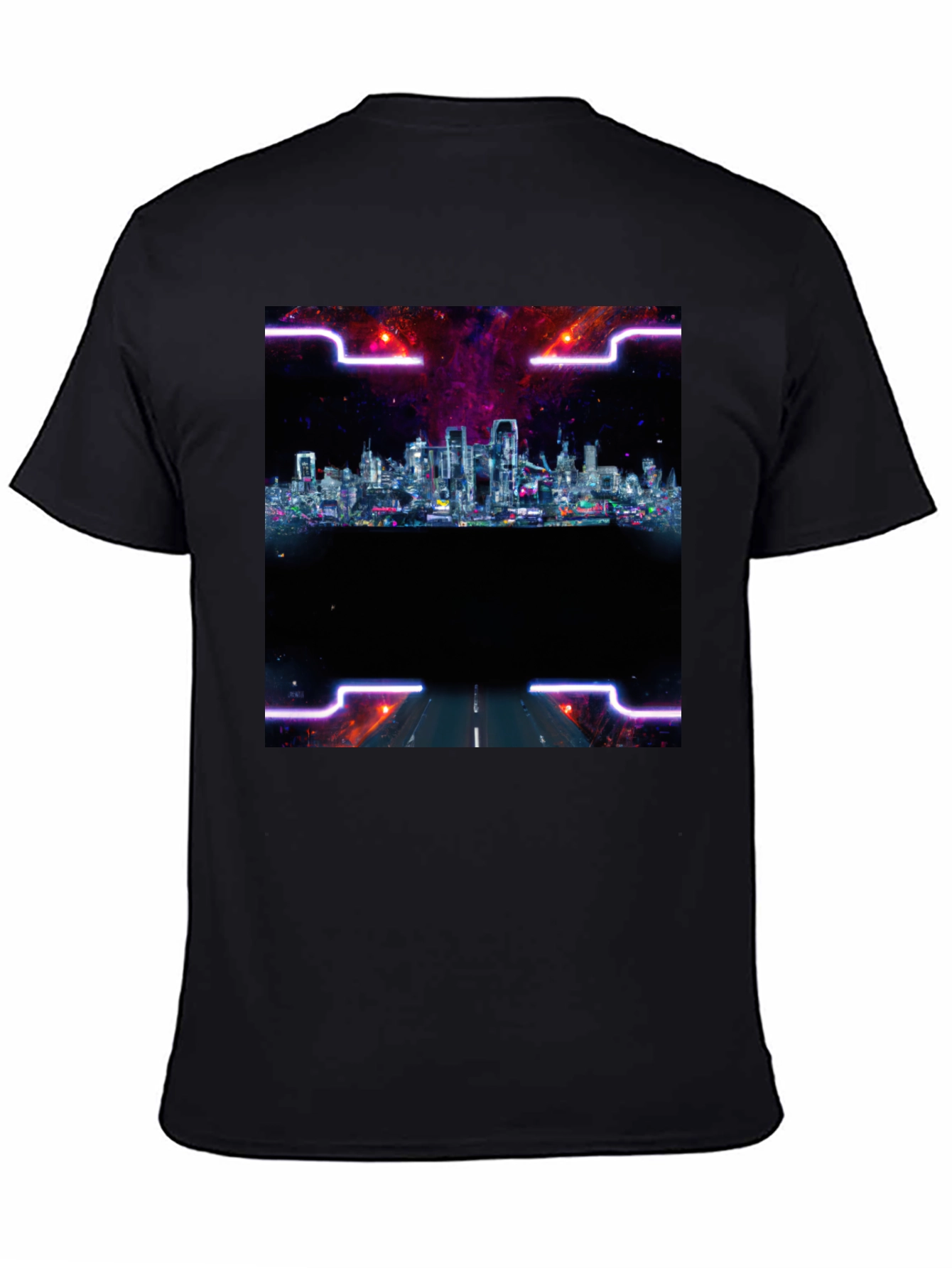 Cyberpunk Cityscape T-Shirt - Black Crew Neck Tee
