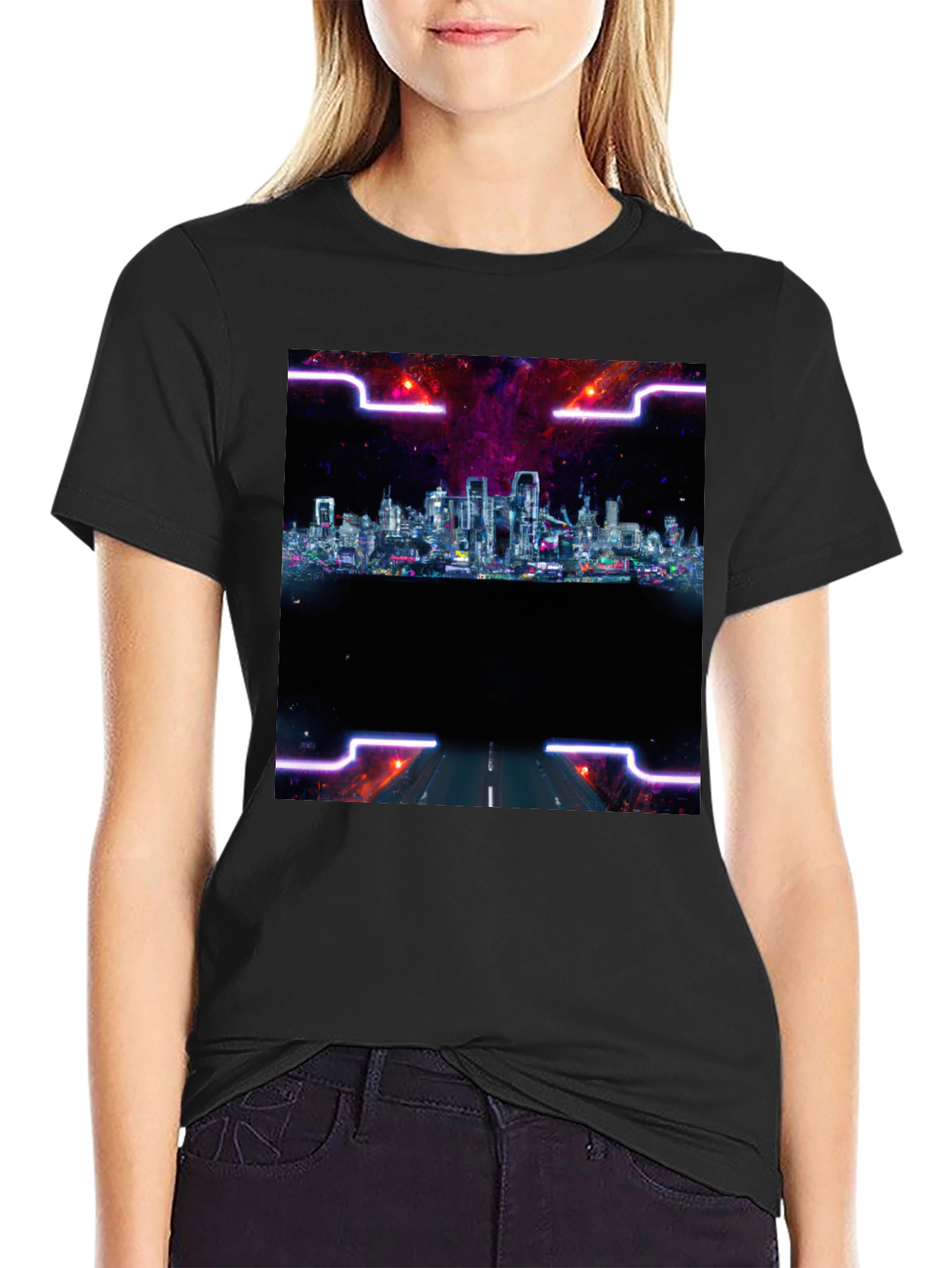 Cyberpunk Cityscape T-Shirt - Black Crew Neck Tee