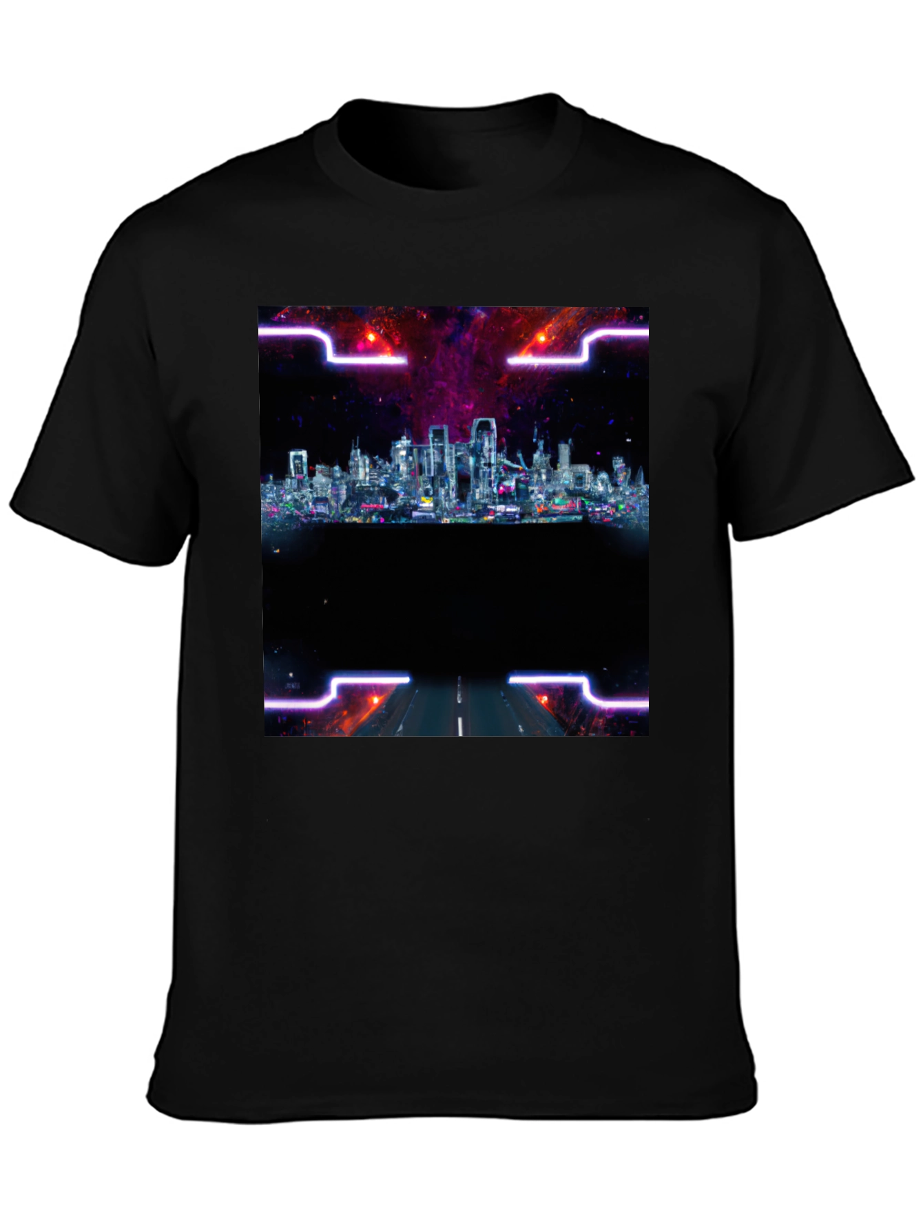 Cyberpunk Cityscape T-Shirt - Black Crew Neck Tee