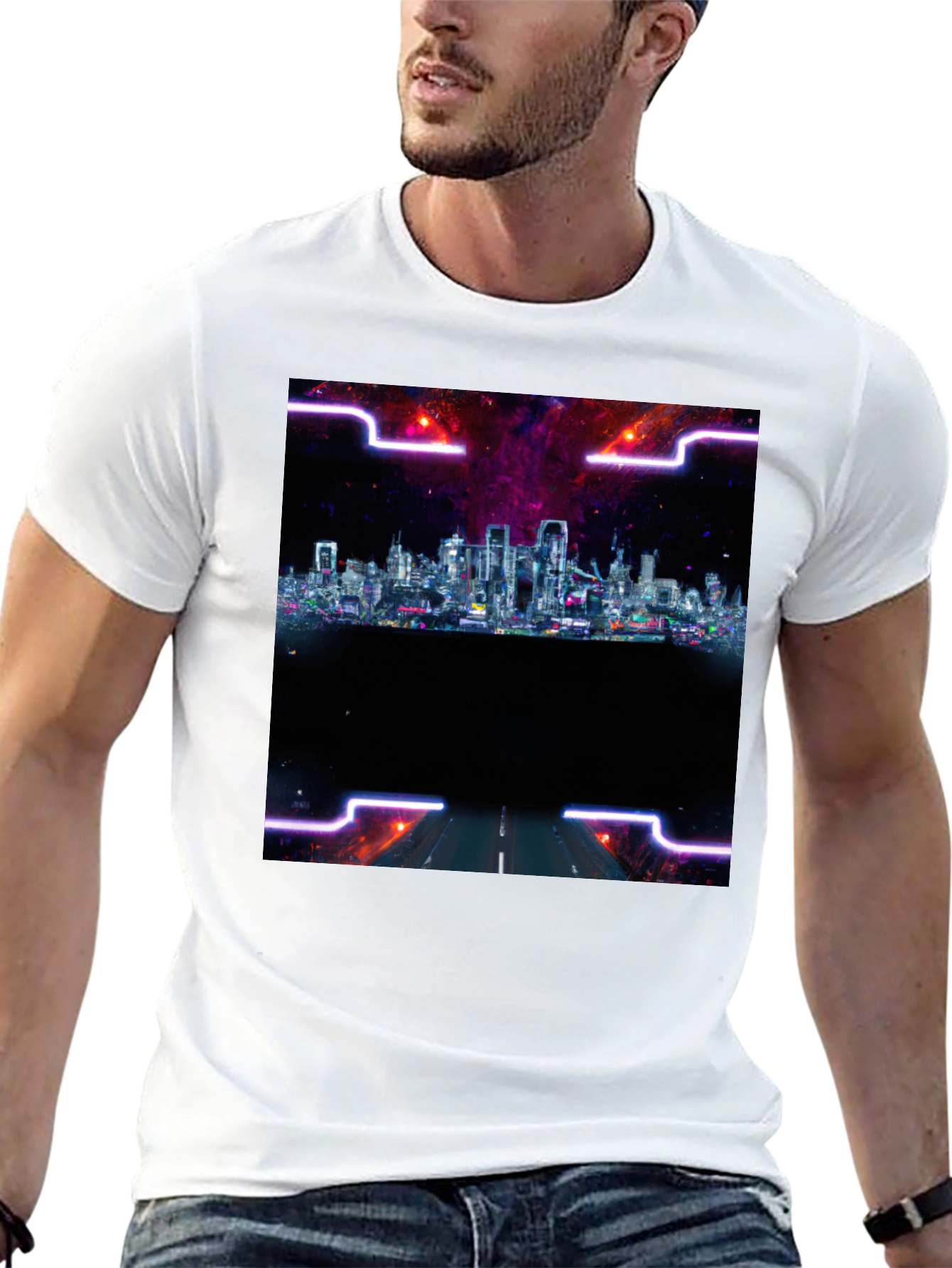 Cyberpunk Cityscape T-Shirt - Black Crew Neck Tee