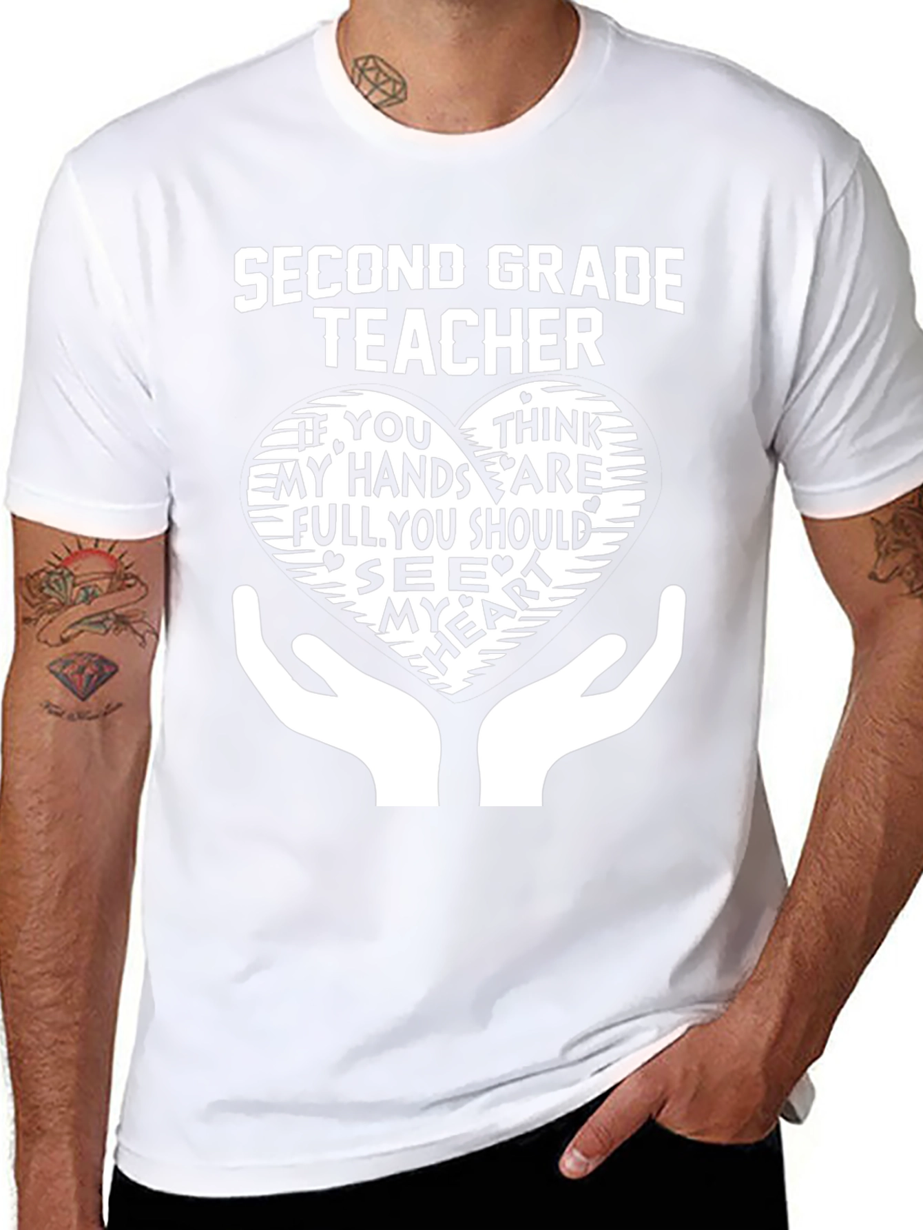 Second Grade Teacher Heart Hands Graphic T-Shirt