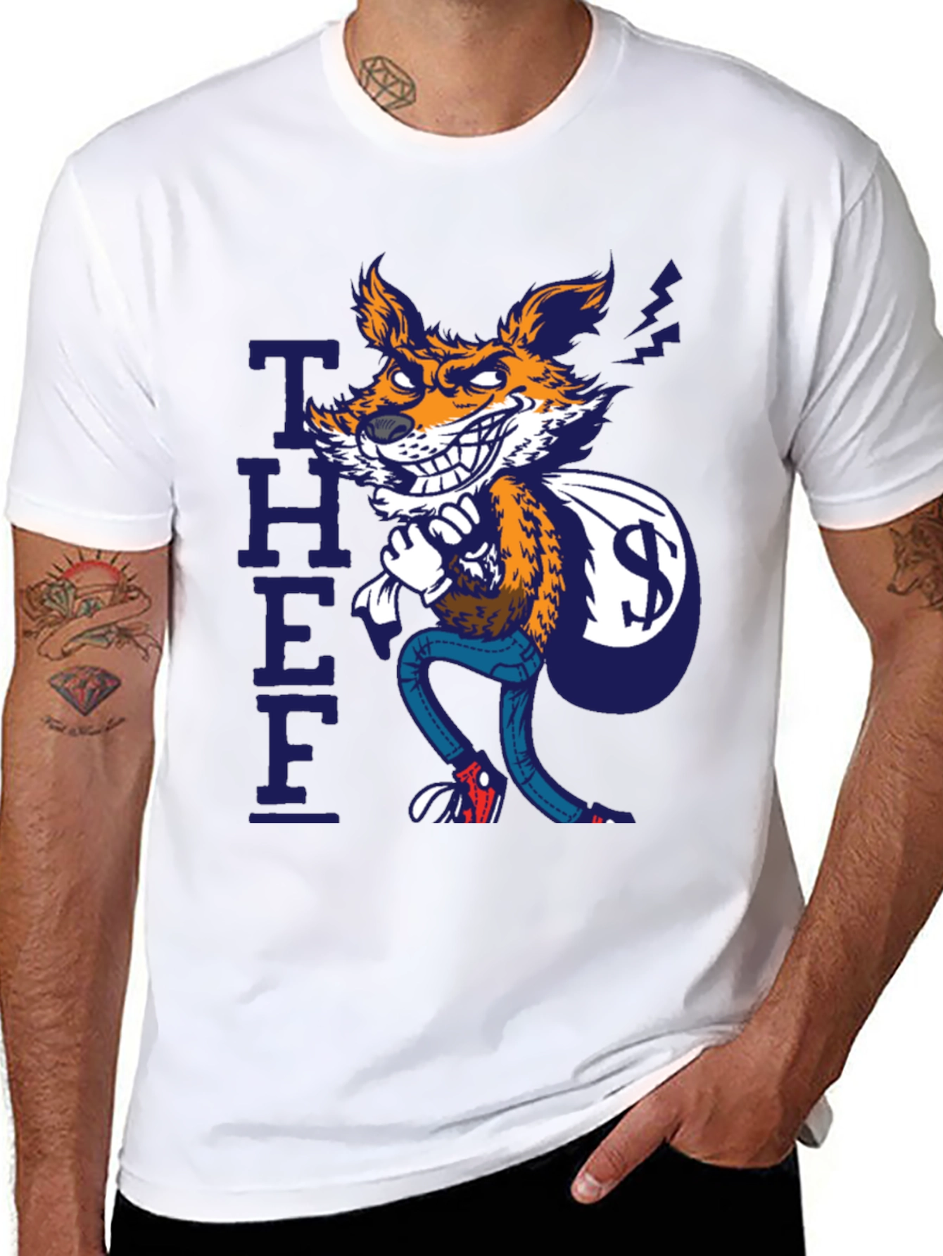 Cartoon Thief Fox Graphic Tee - Black