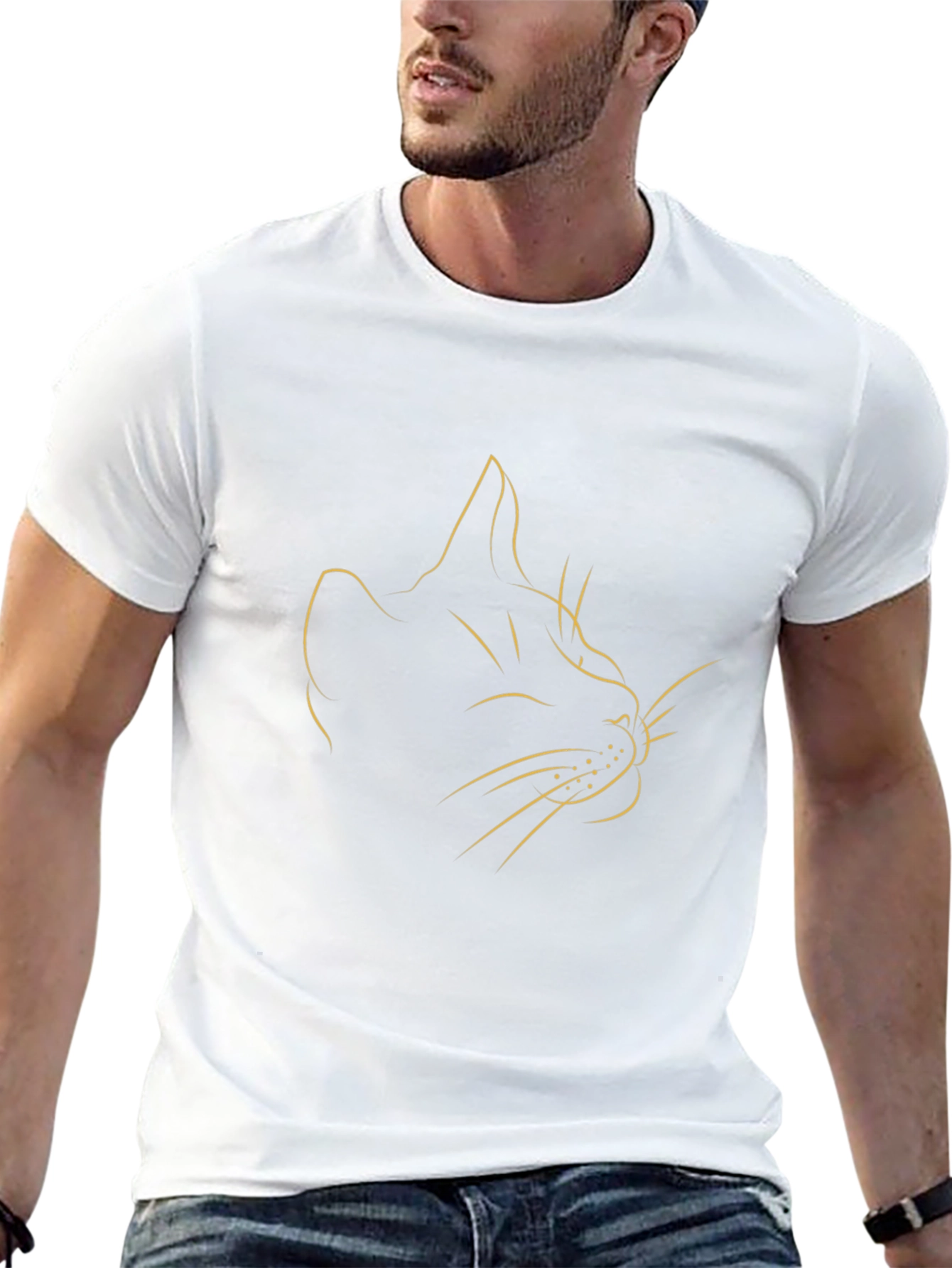 Minimalist Cat Line Art Black T-Shirt