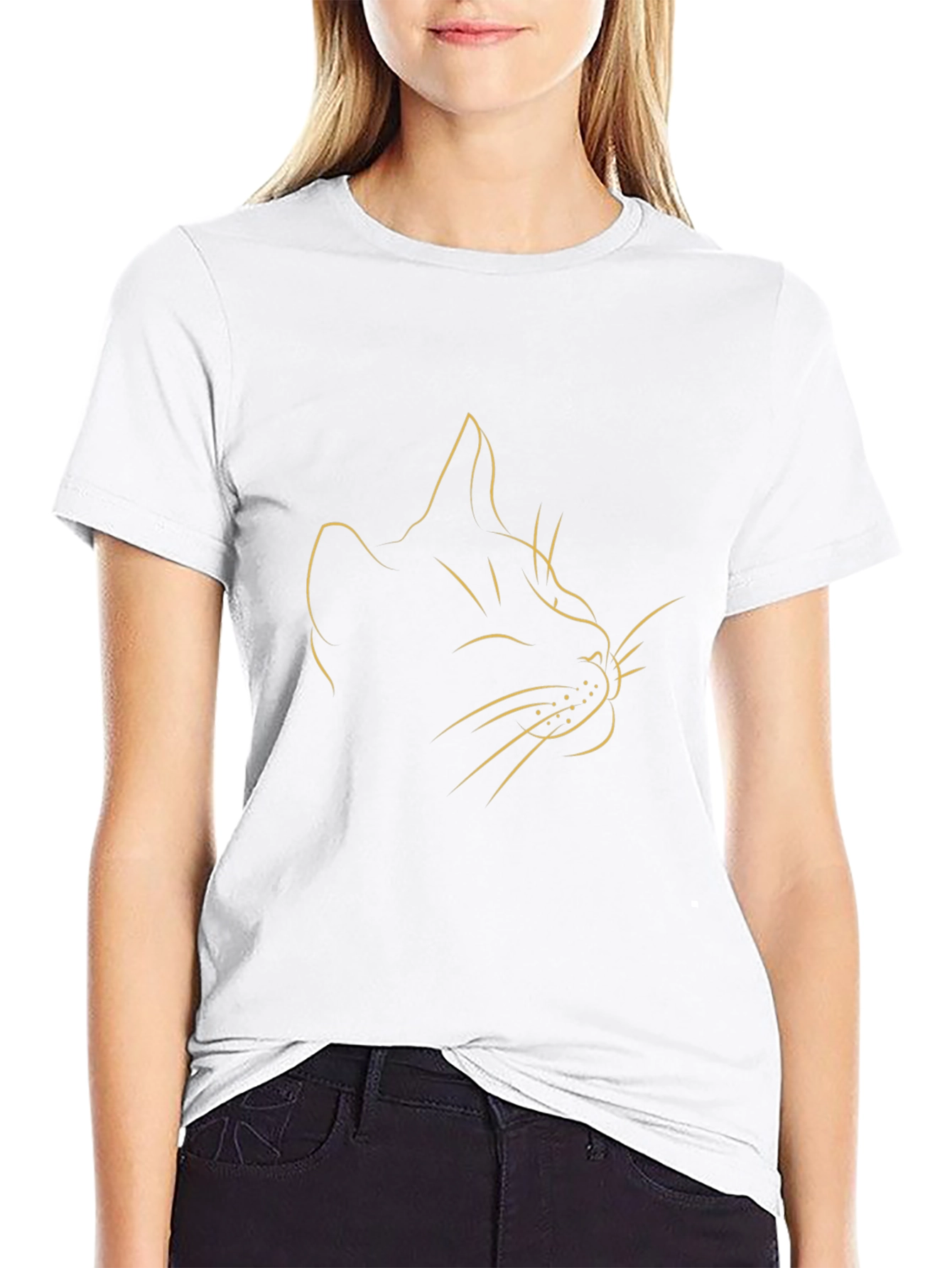 Minimalist Cat Line Art Black T-Shirt