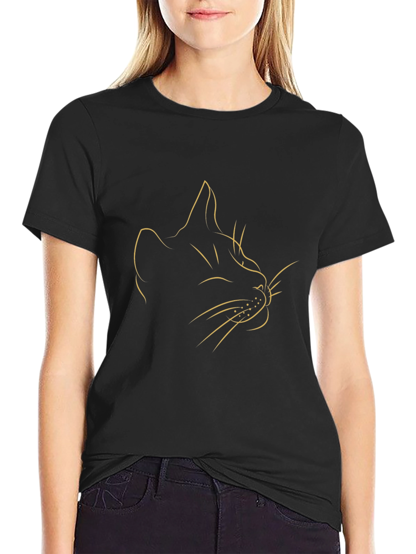 Minimalist Cat Line Art Black T-Shirt