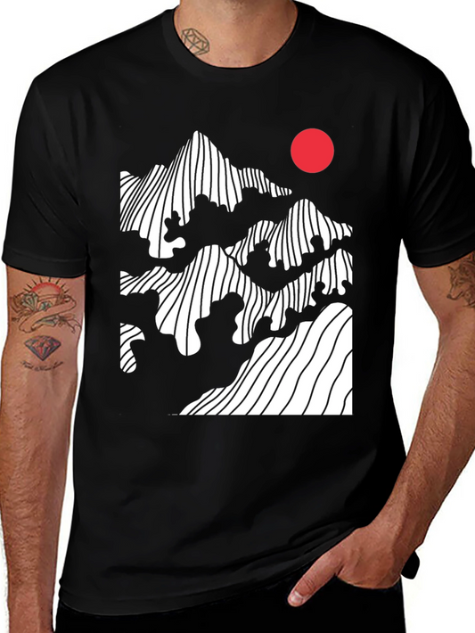 Abstract Mountain & Sun Graphic Tee - Modern Black T-Shirt