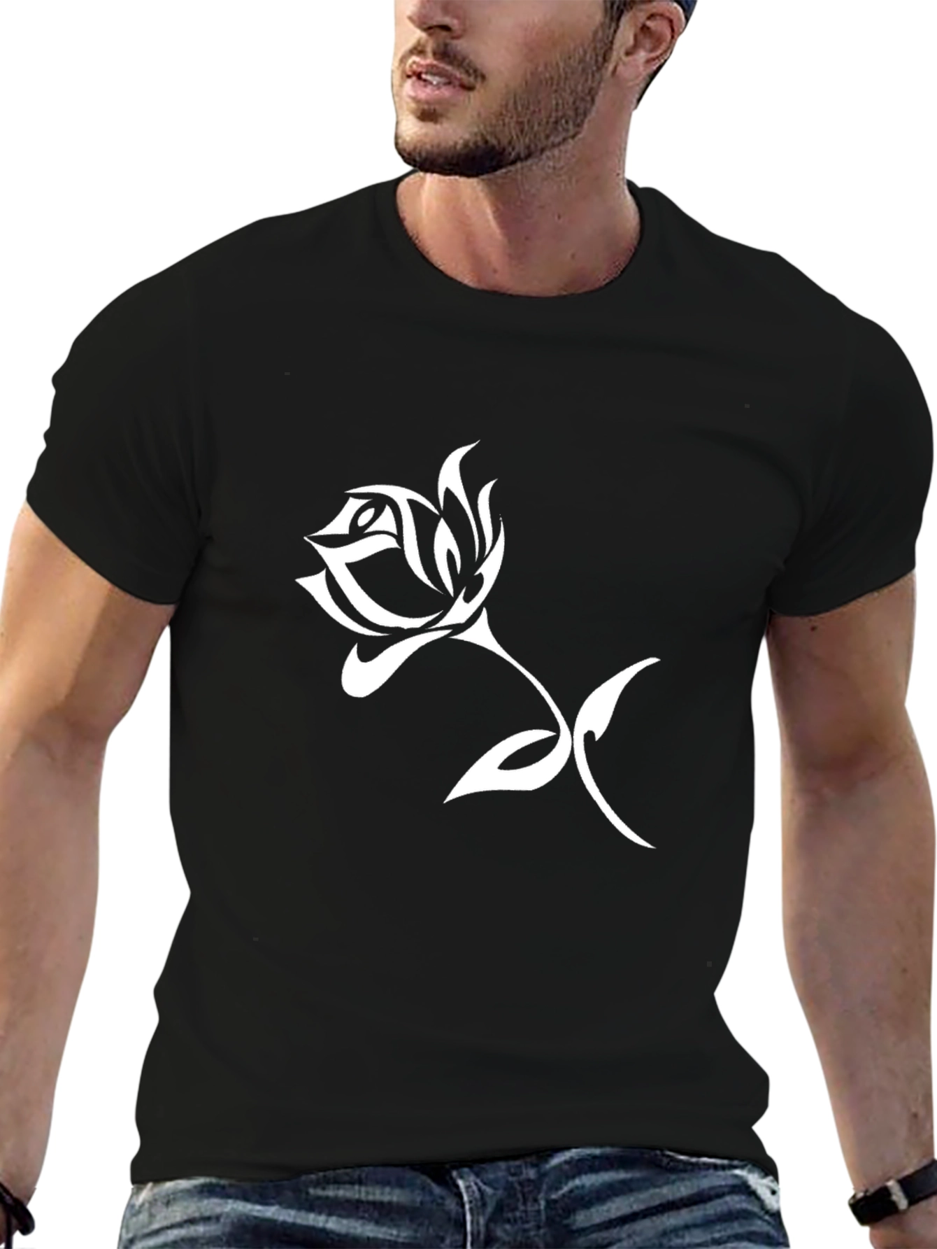 Black T-Shirt with Rose Graphic