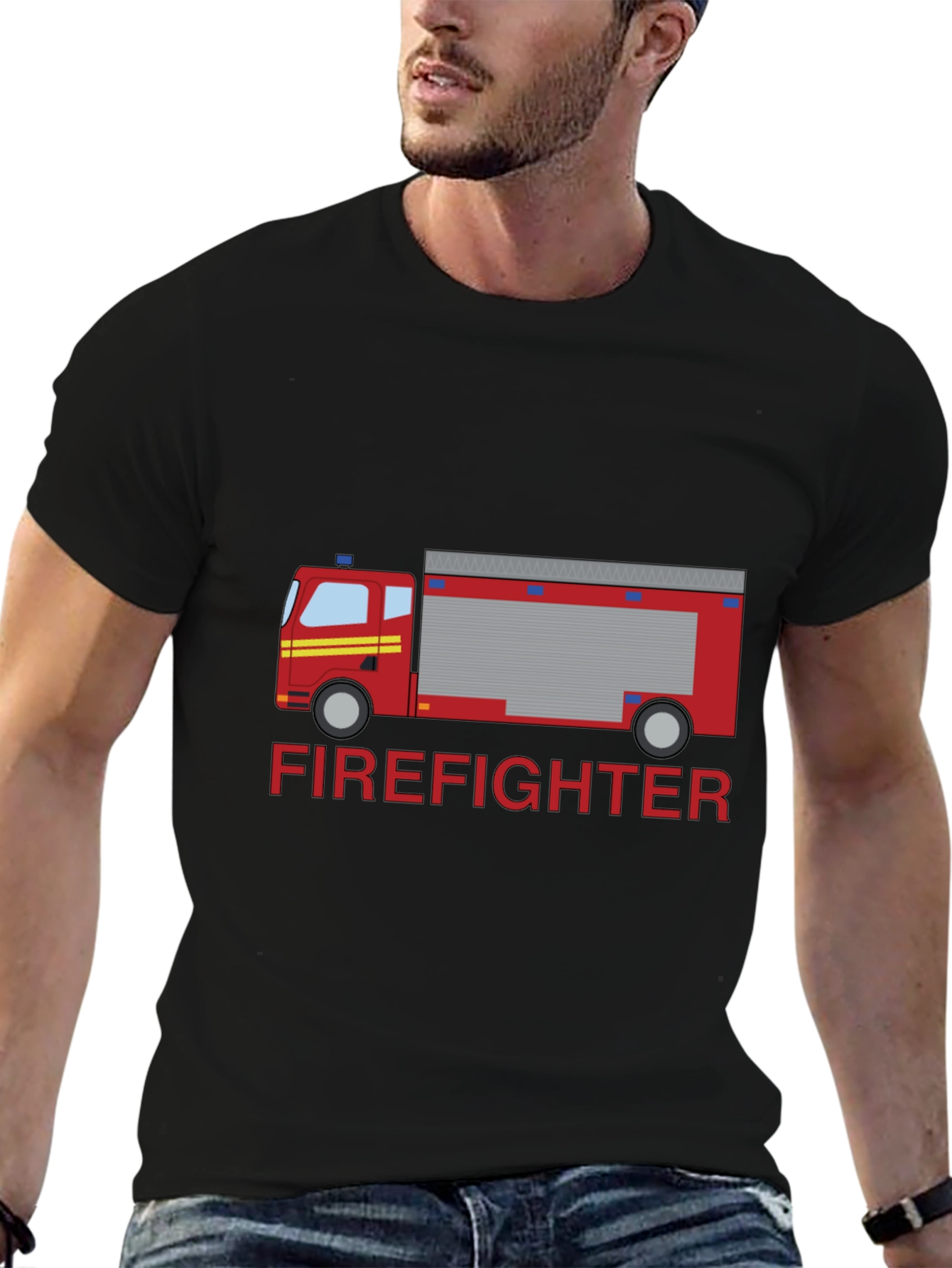 Firefighter Truck Graphic Tee - Black Cotton T-Shirt