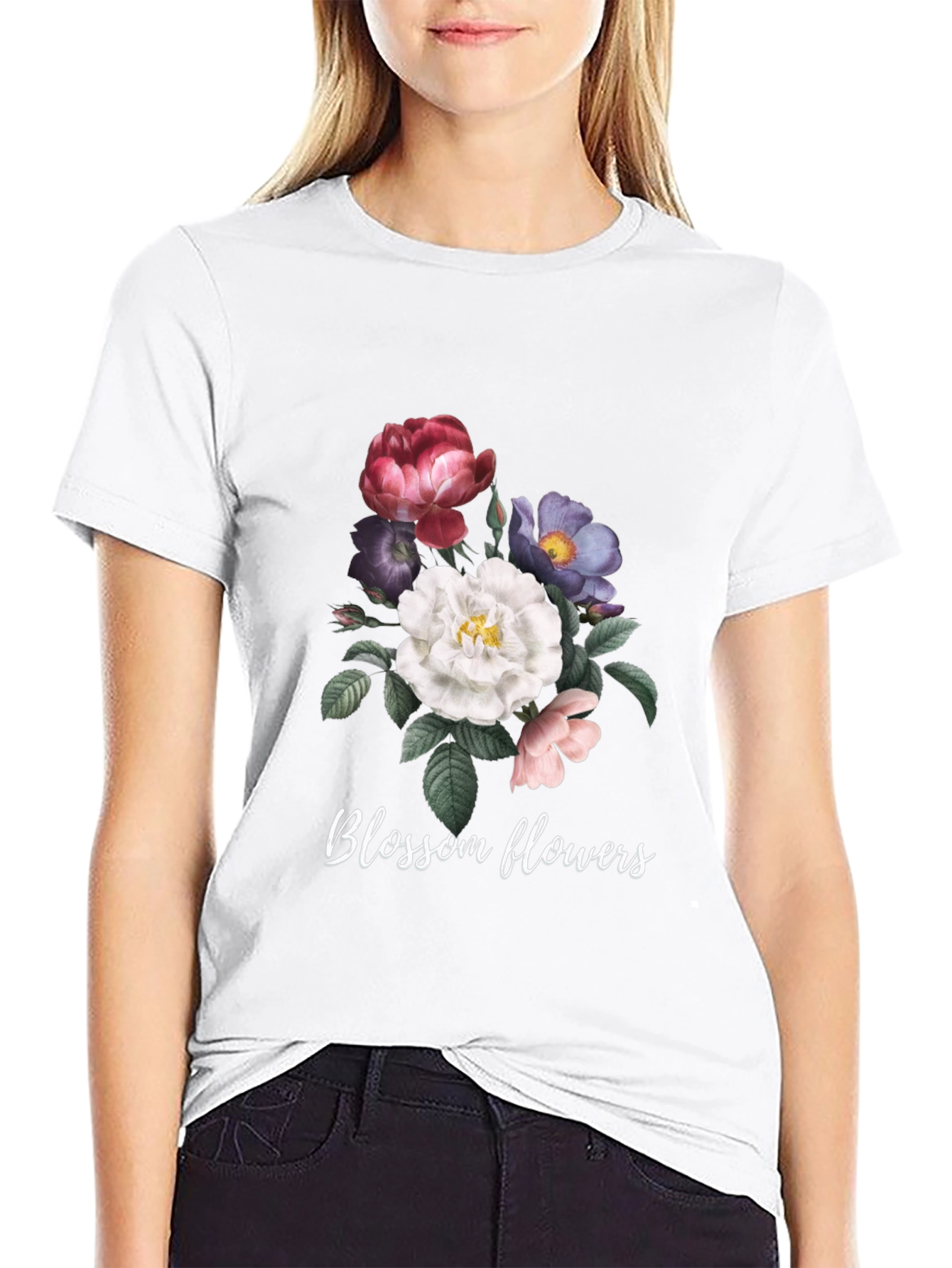 Floral Blossom Graphic Tee - Black Cotton