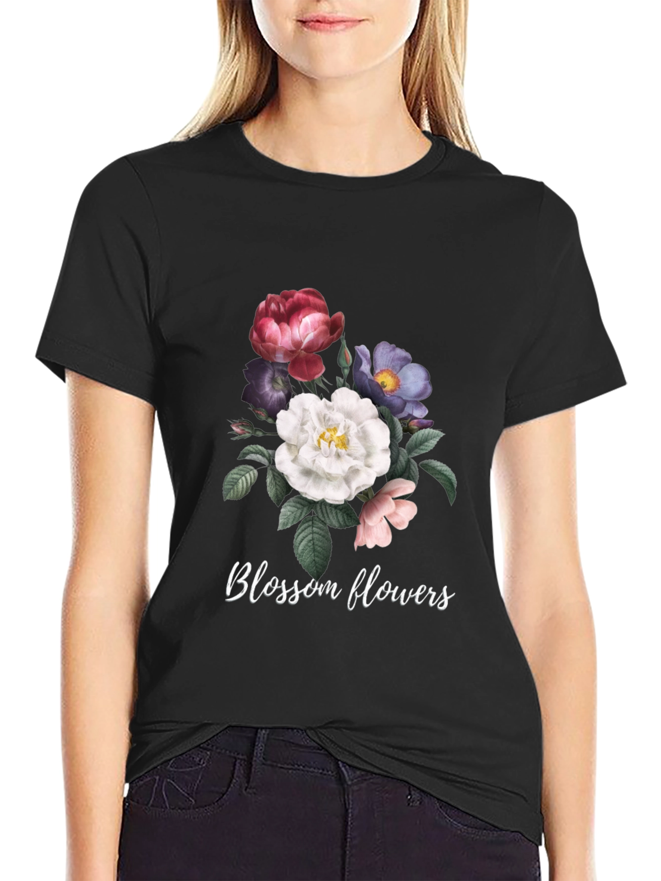 Floral Blossom Graphic Tee - Black Cotton