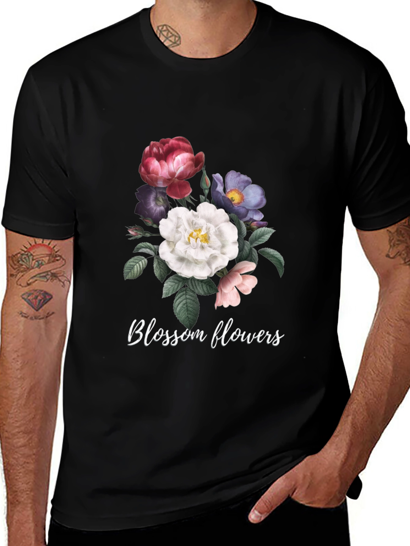 Floral Blossom Graphic Tee - Black Cotton