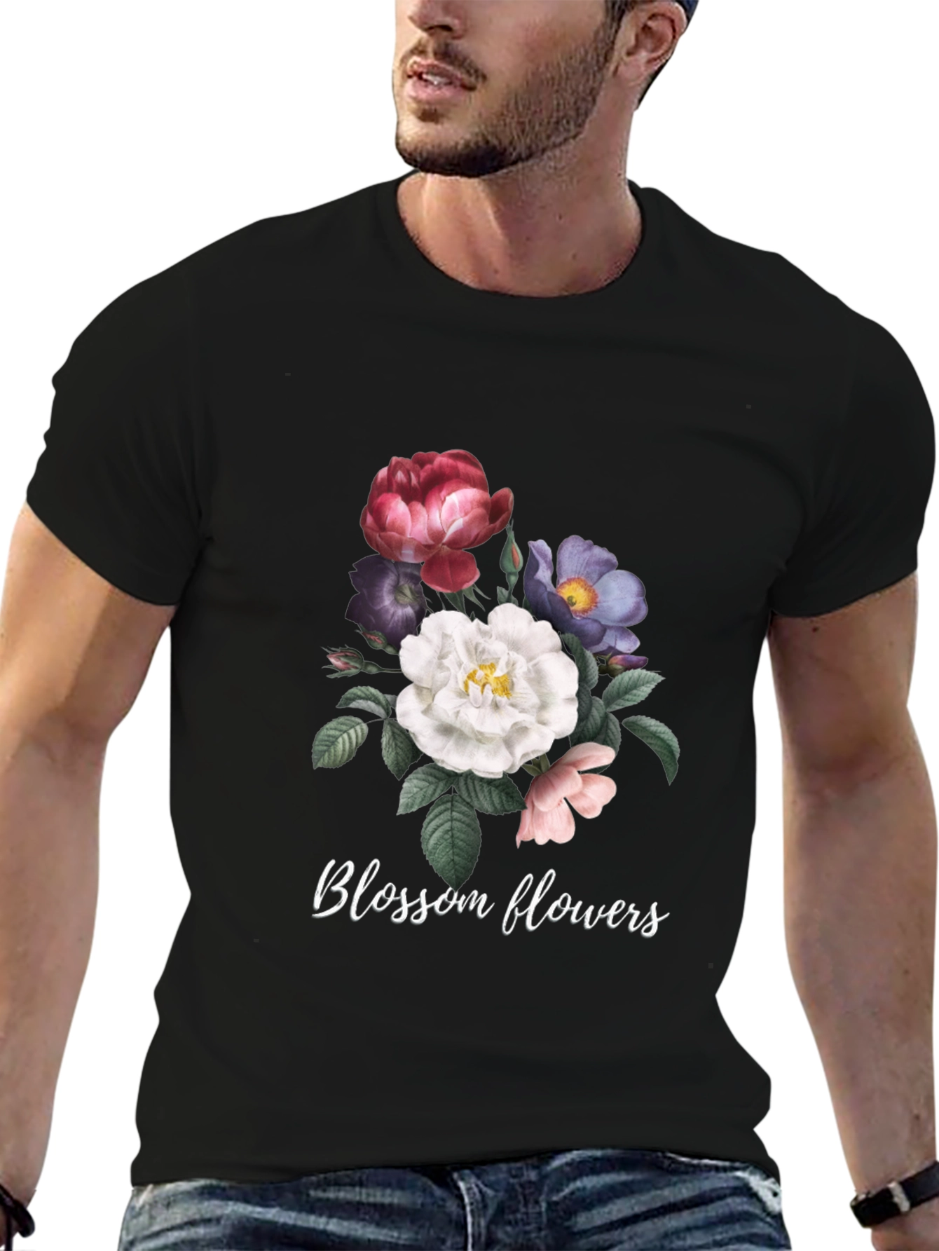 Floral Blossom Graphic Tee - Black Cotton