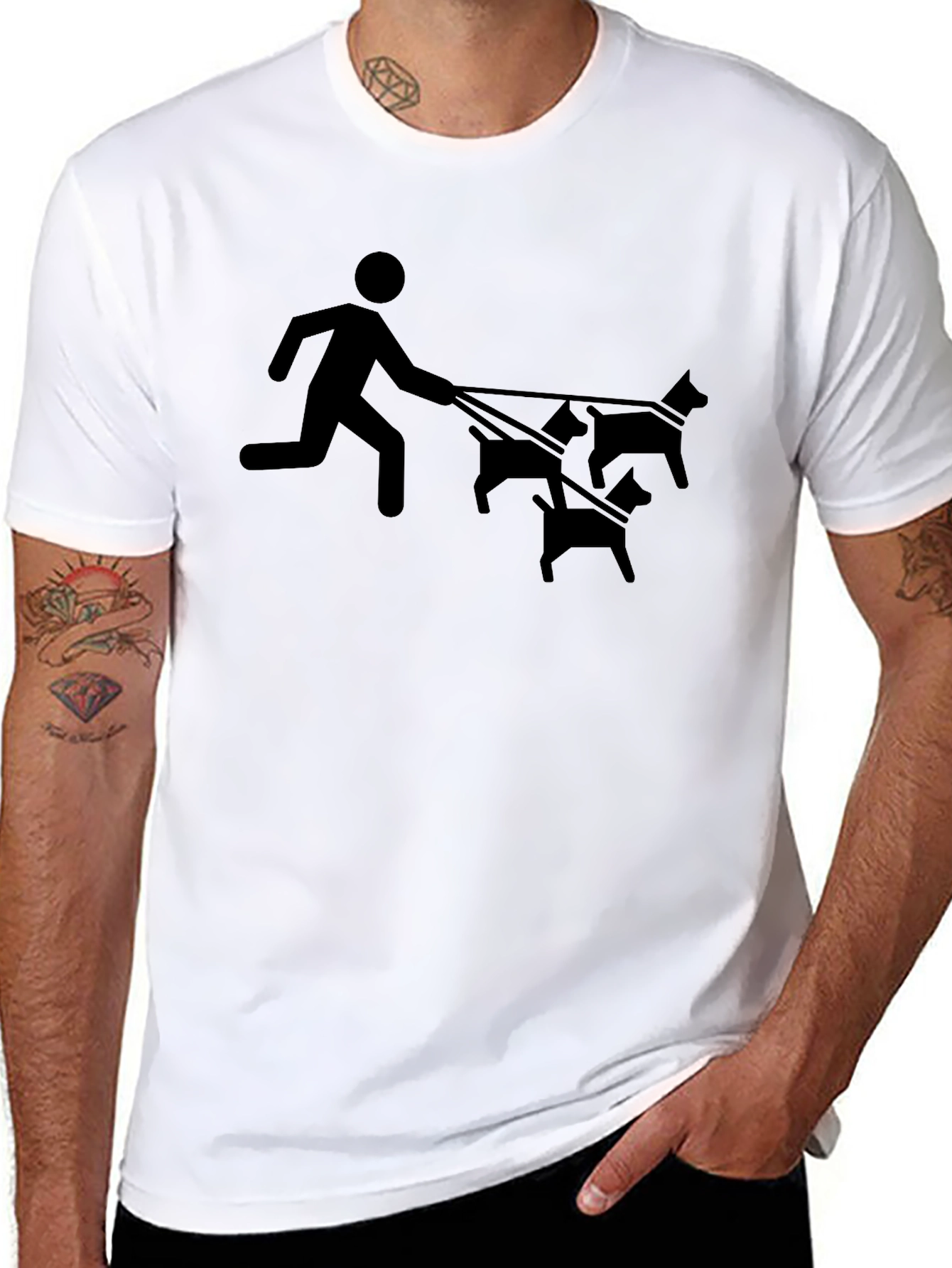 Mans Black Funny Dog Walker Graphic Tee