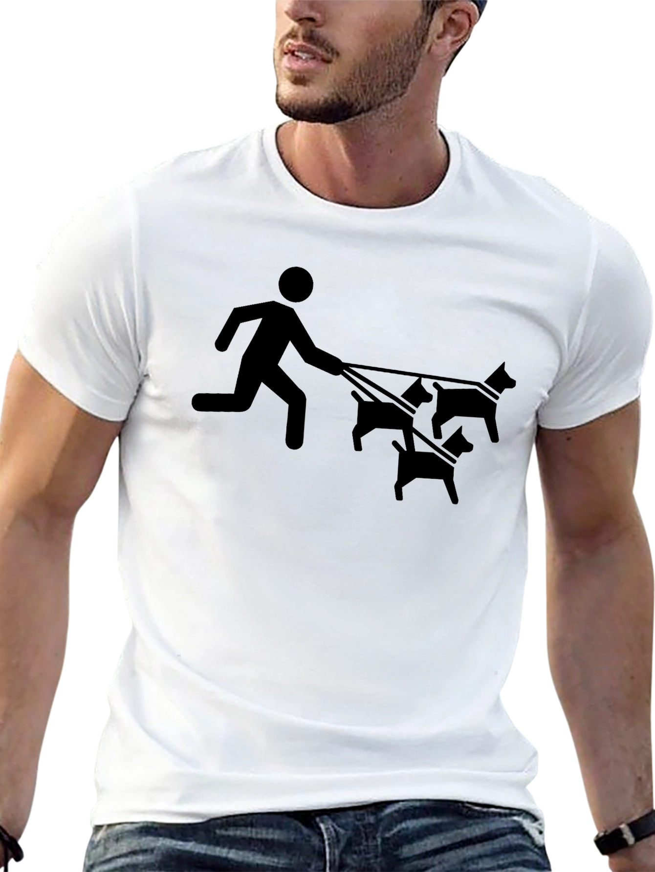 Mans Black Funny Dog Walker Graphic Tee
