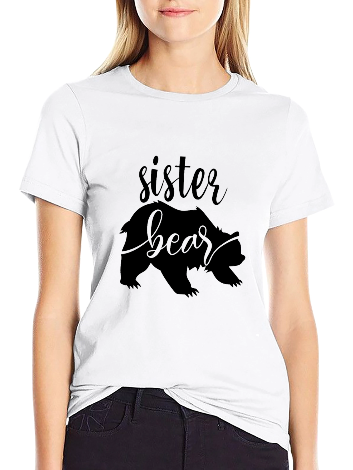 Sister Bear Graphic T-Shirt - Black Crew Neck Tee