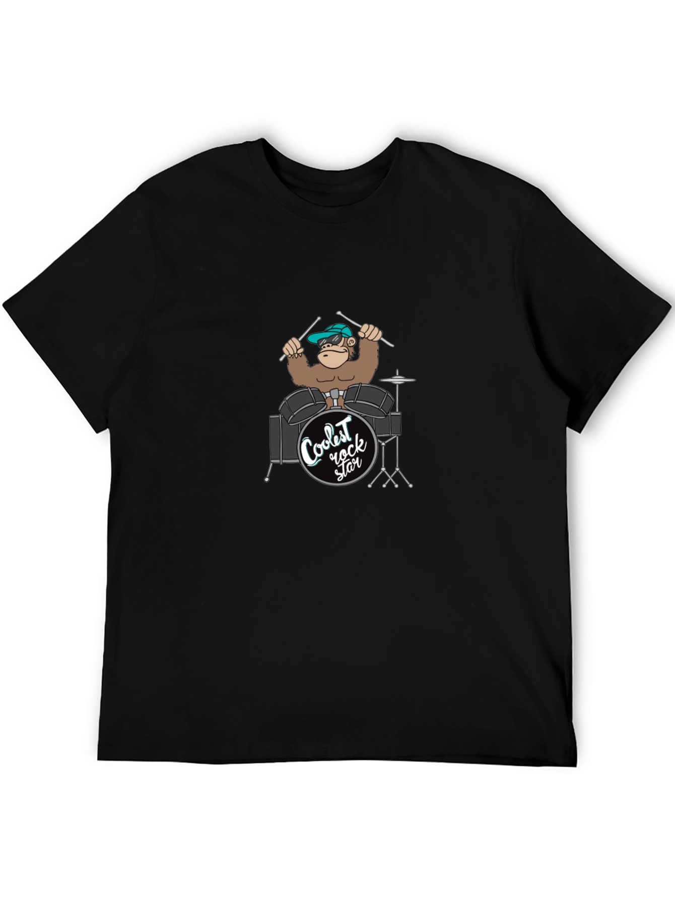 Coolest Rock Star Monkey Drummer Black T-Shirt