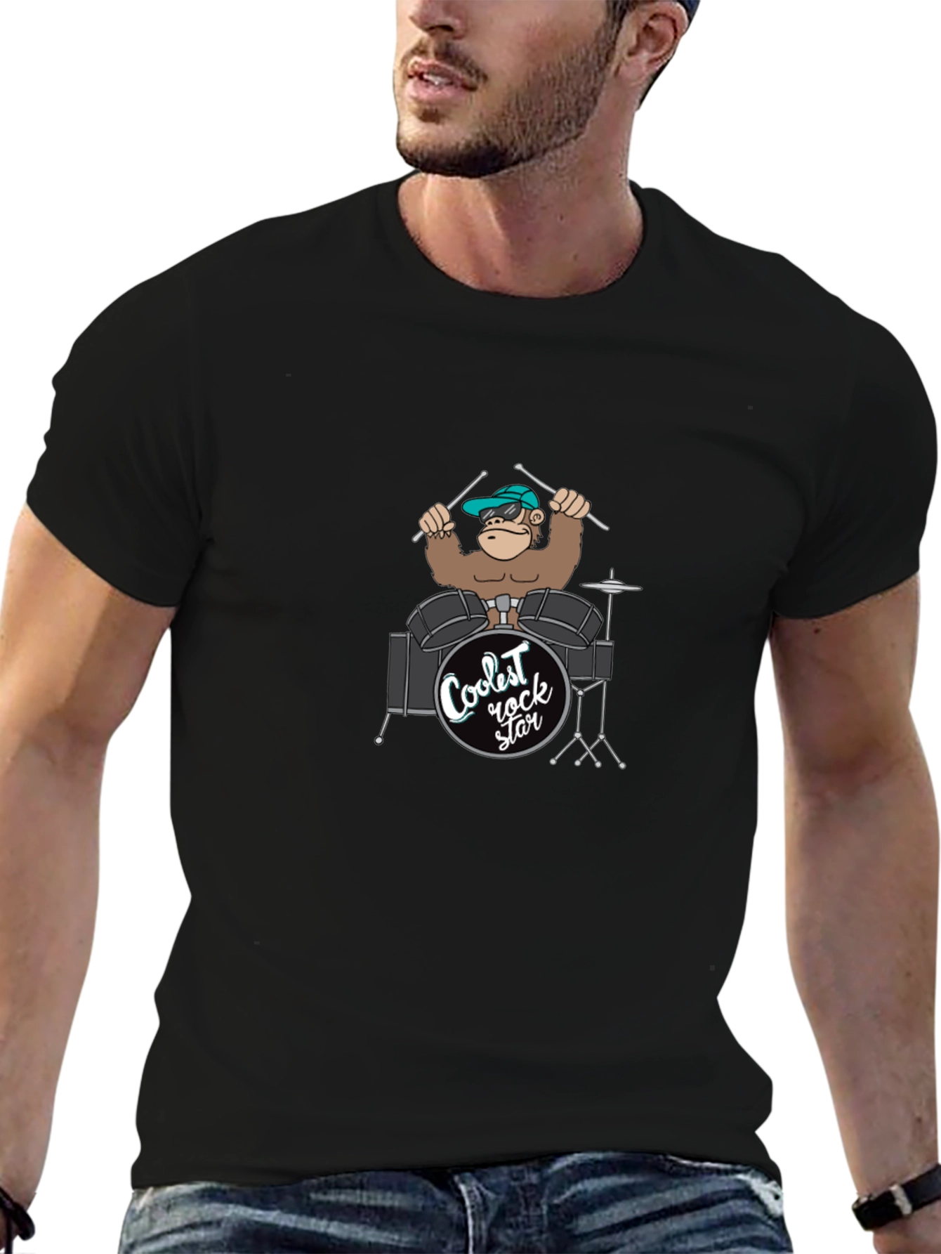 Coolest Rock Star Monkey Drummer Black T-Shirt