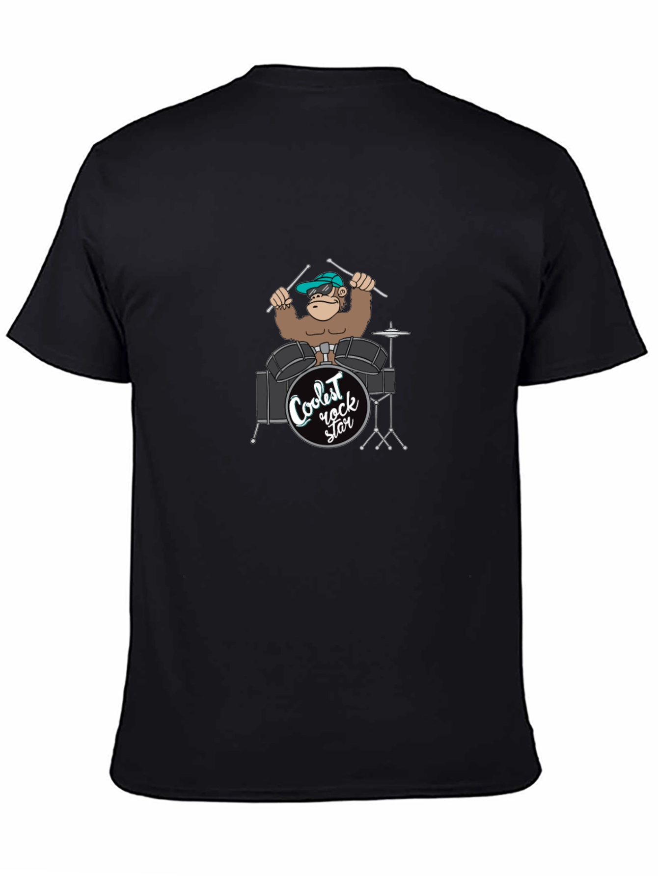 Coolest Rock Star Monkey Drummer Black T-Shirt