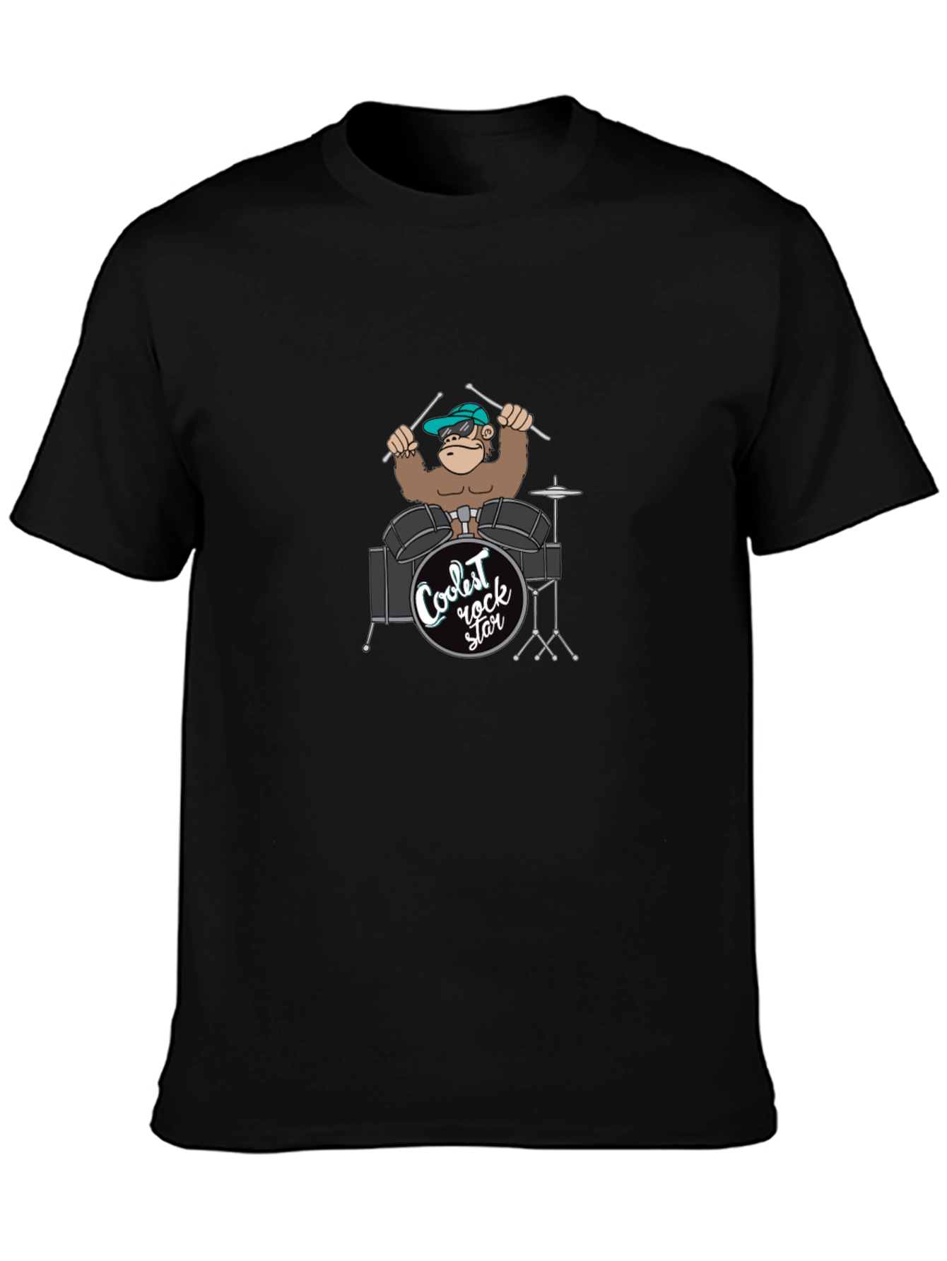 Coolest Rock Star Monkey Drummer Black T-Shirt