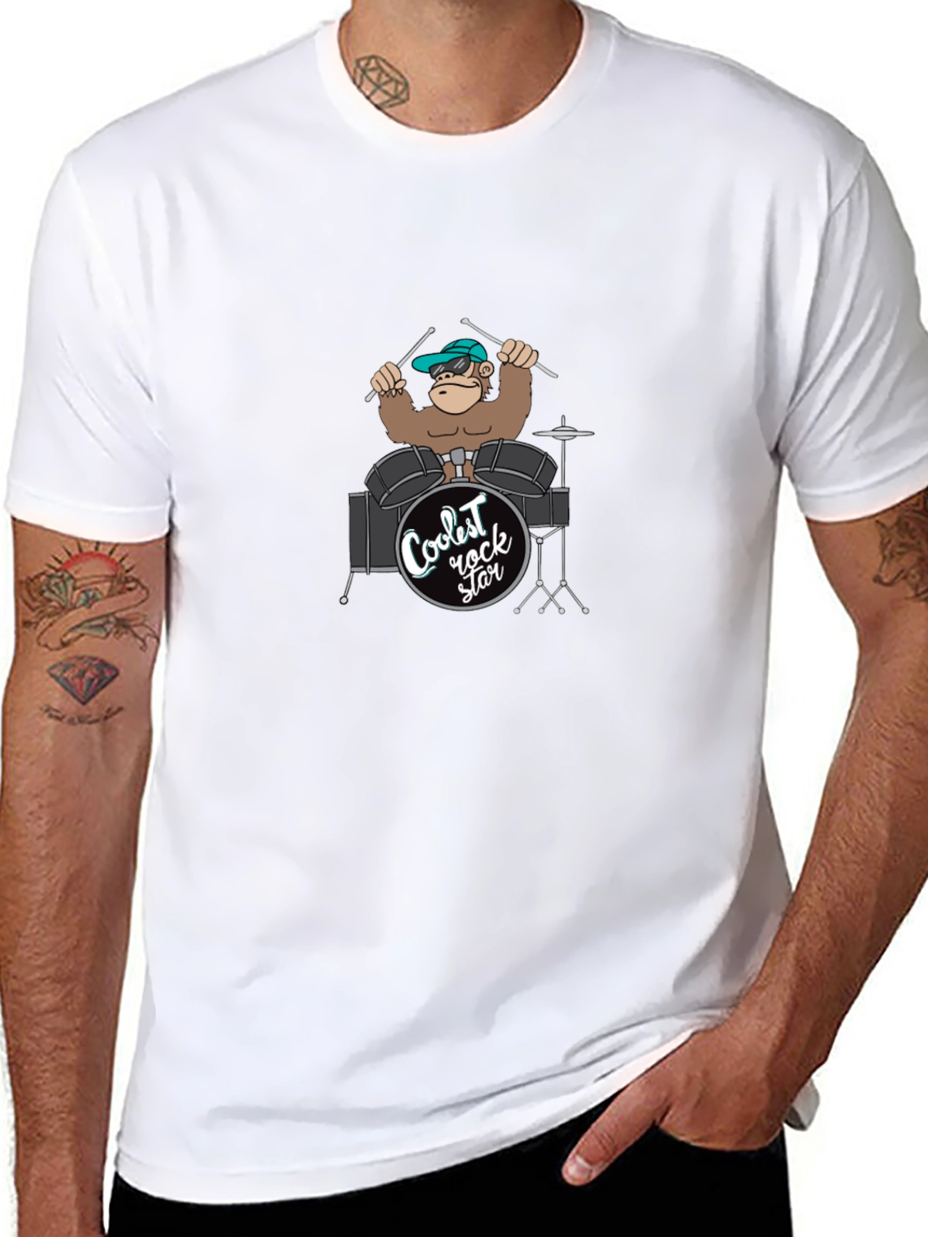 Coolest Rock Star Monkey Drummer Black T-Shirt