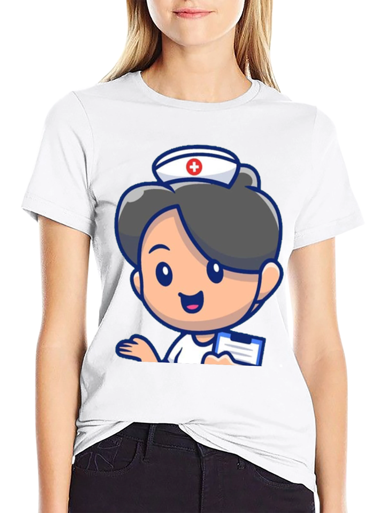 Cartoon Nurse Graphic Tee - Novelty Black T-Shirt