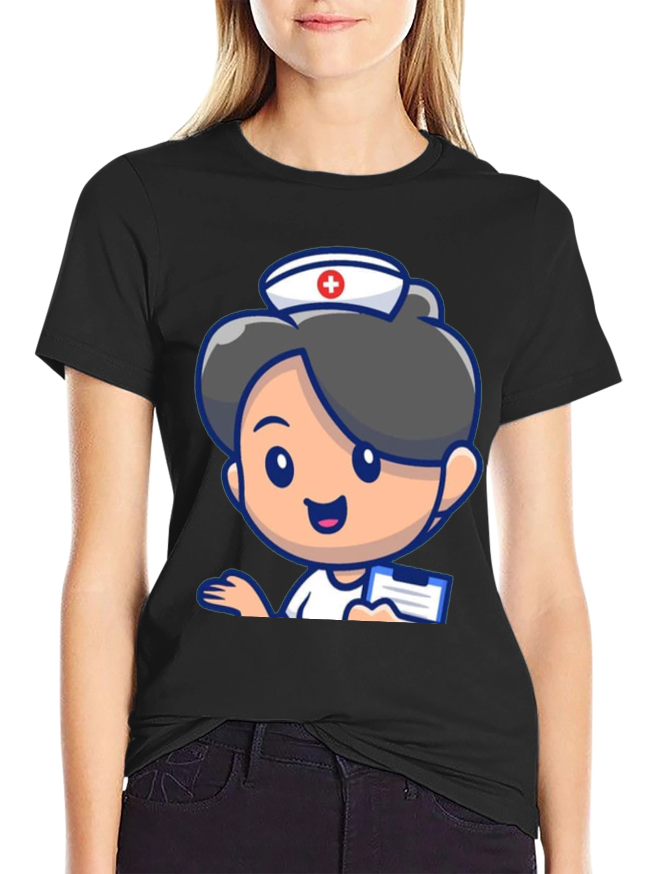 Cartoon Nurse Graphic Tee - Novelty Black T-Shirt