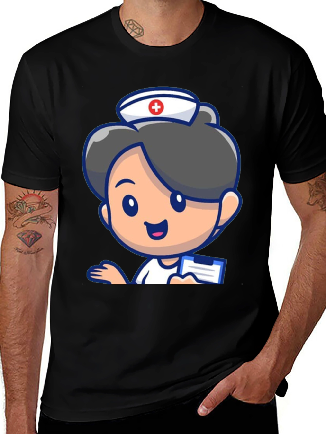 Cartoon Nurse Graphic Tee - Novelty Black T-Shirt