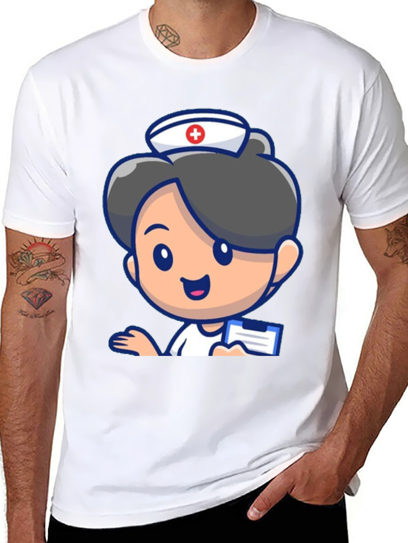 Cartoon Nurse Graphic Tee - Novelty Black T-Shirt
