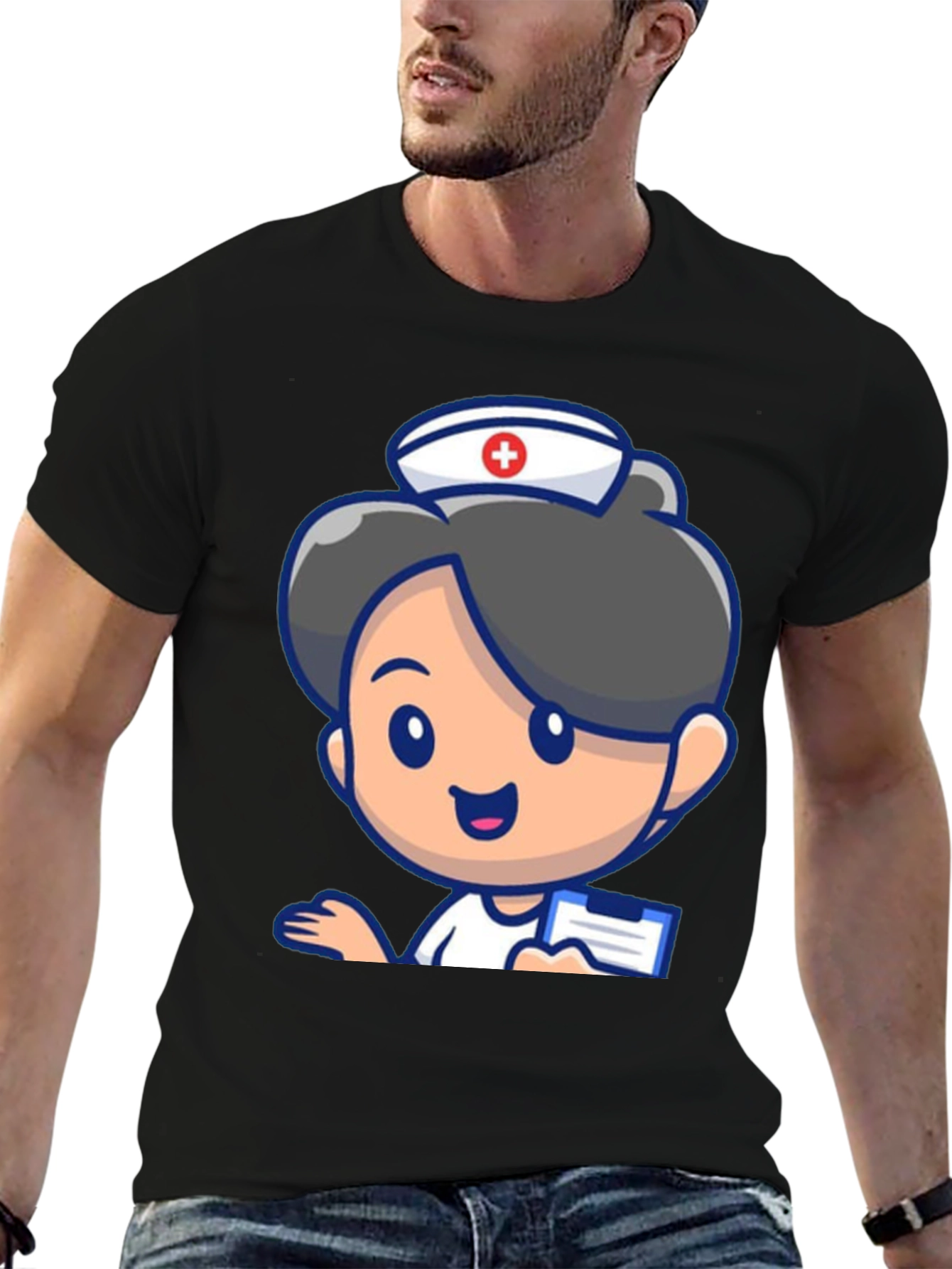 Cartoon Nurse Graphic Tee - Novelty Black T-Shirt