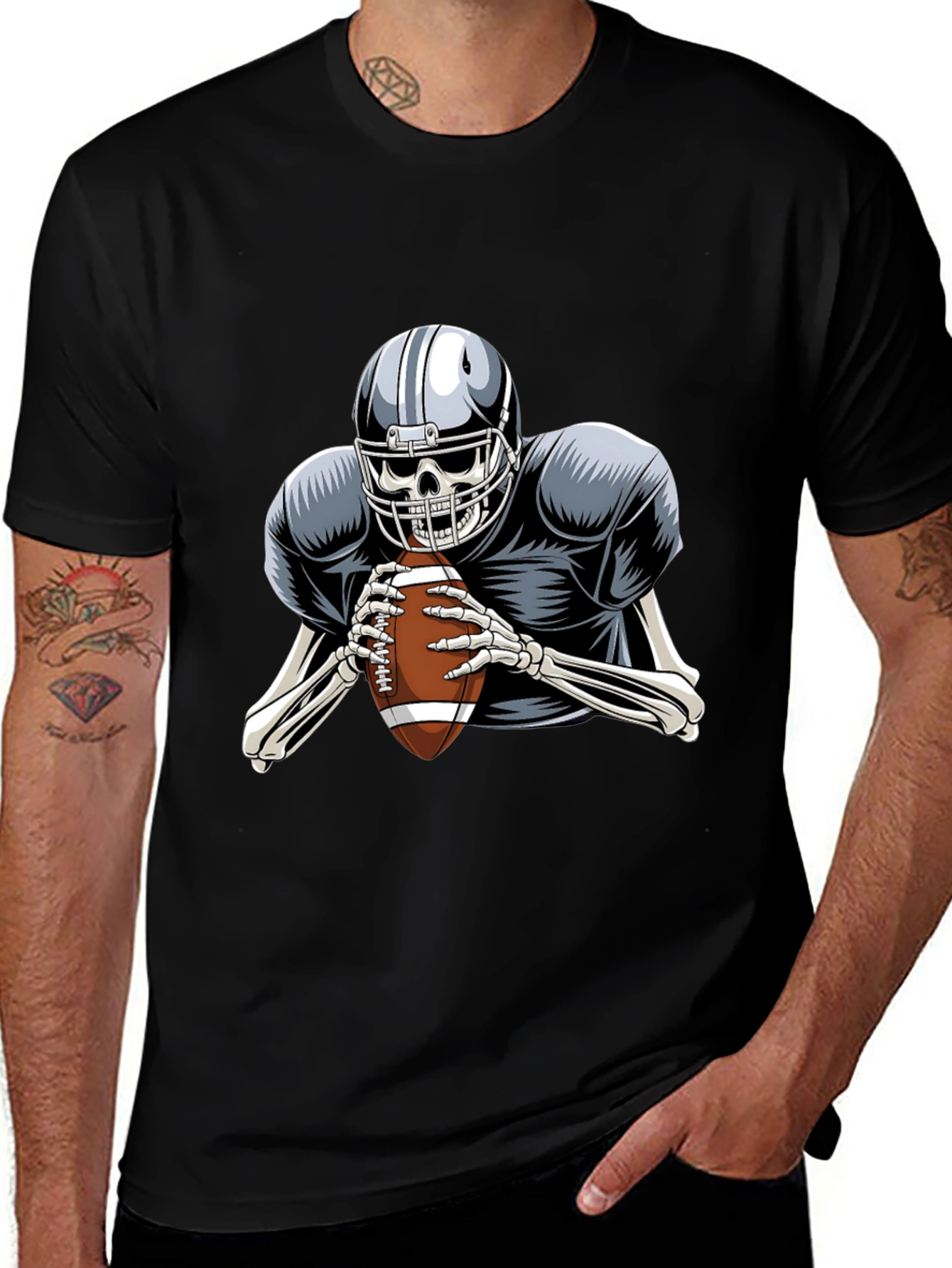 Skeleton Football Player Graphic Tee - Black