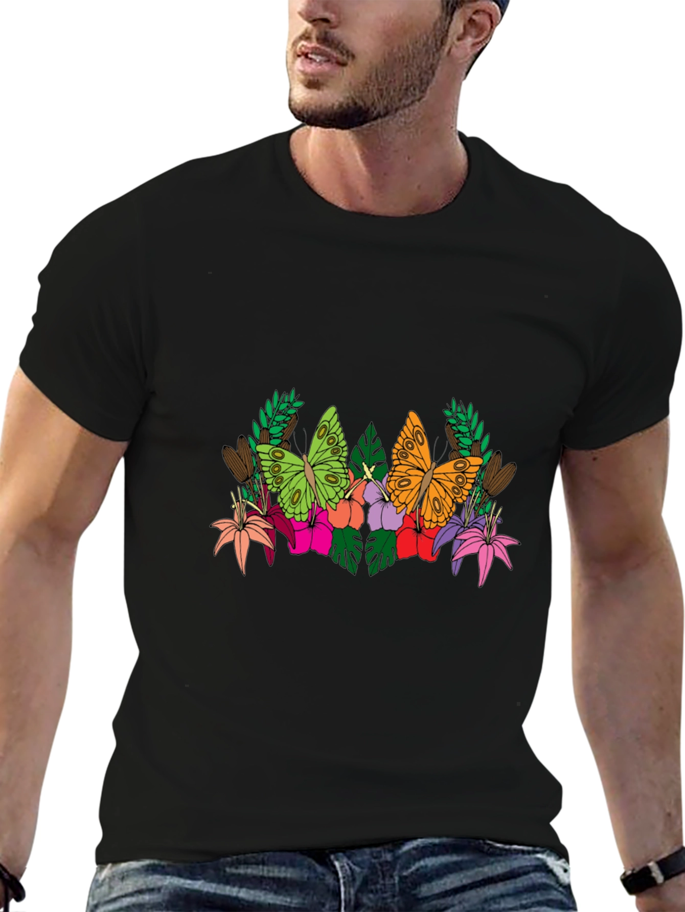 Butterfly Floral Graphic Tee - Mens Black T-Shirt